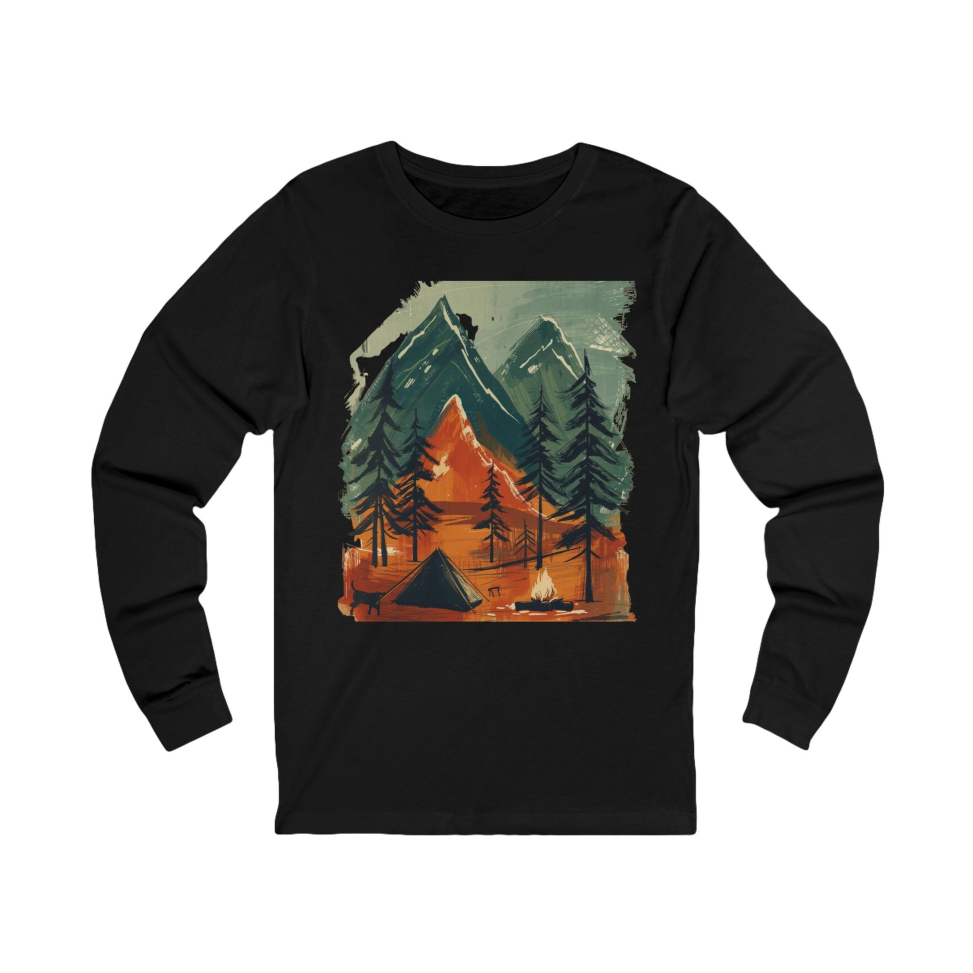 Black long-sleeve shirt with a nature-themed graphic on a white background