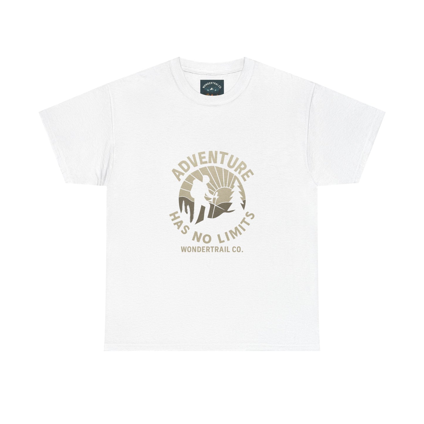 White t-shirt with 'Adventure Has No Limits' graphic and Wondertrail Co. logo on a white background