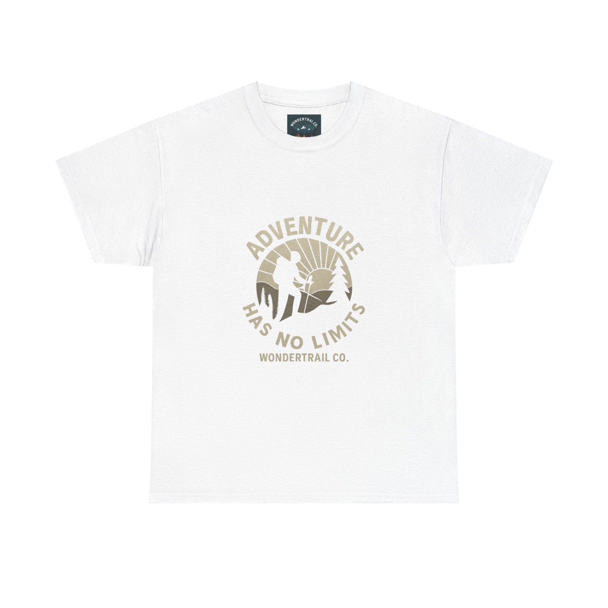 White t-shirt with 'Adventure Has No Limits' graphic and Wondertrail Co. logo on a white background