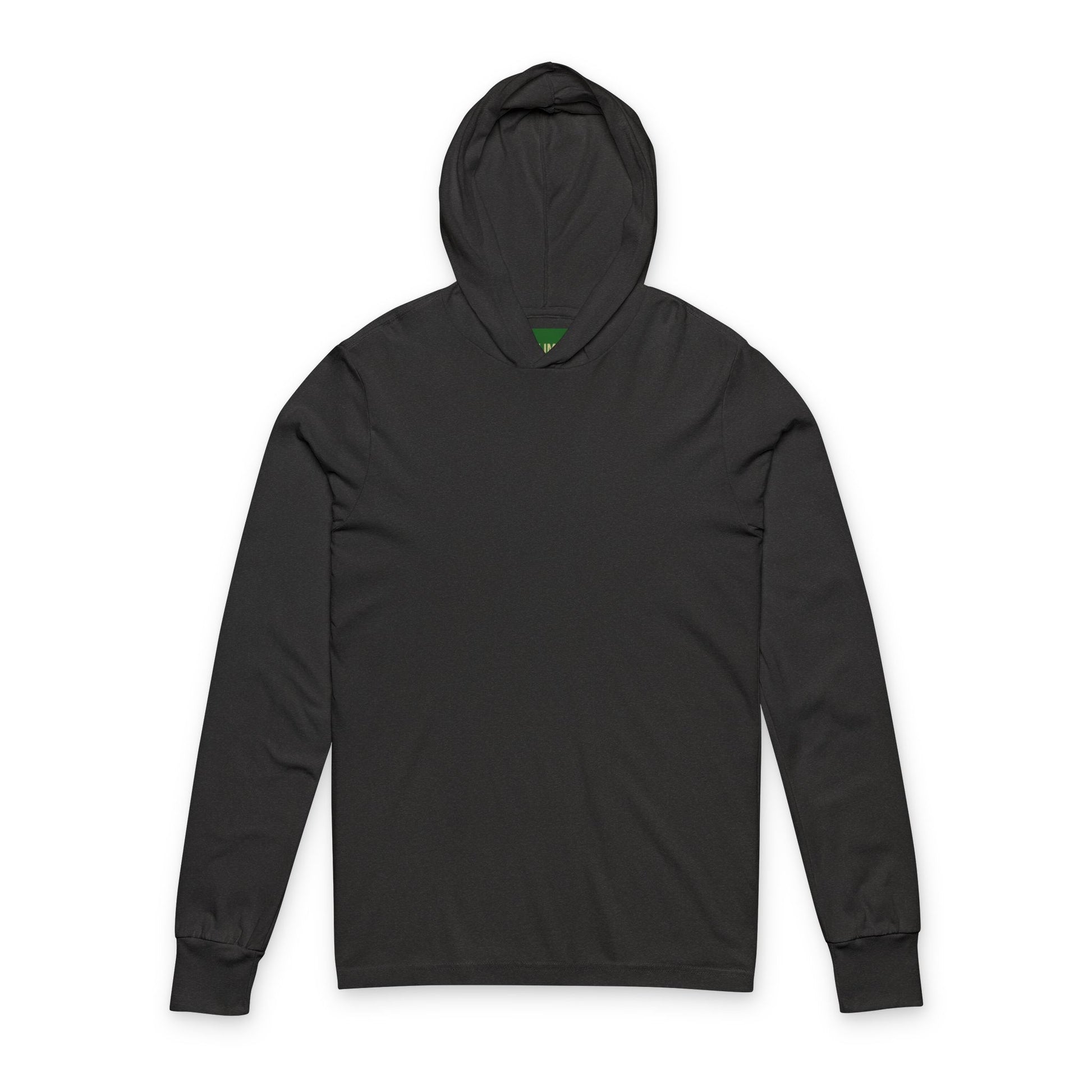 Black hoodie with a small green logo on a white background