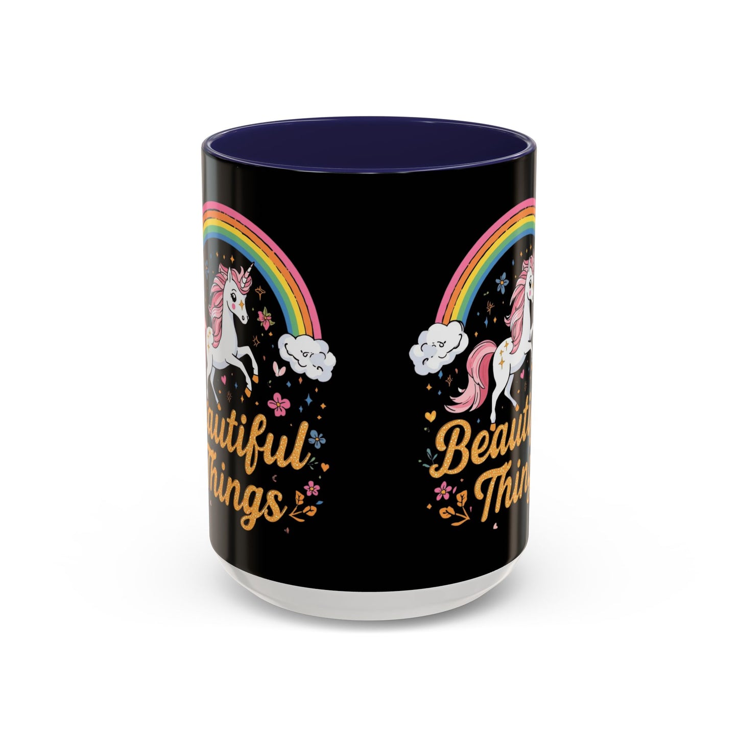 Black mug with unicorn and rainbow design on a white background