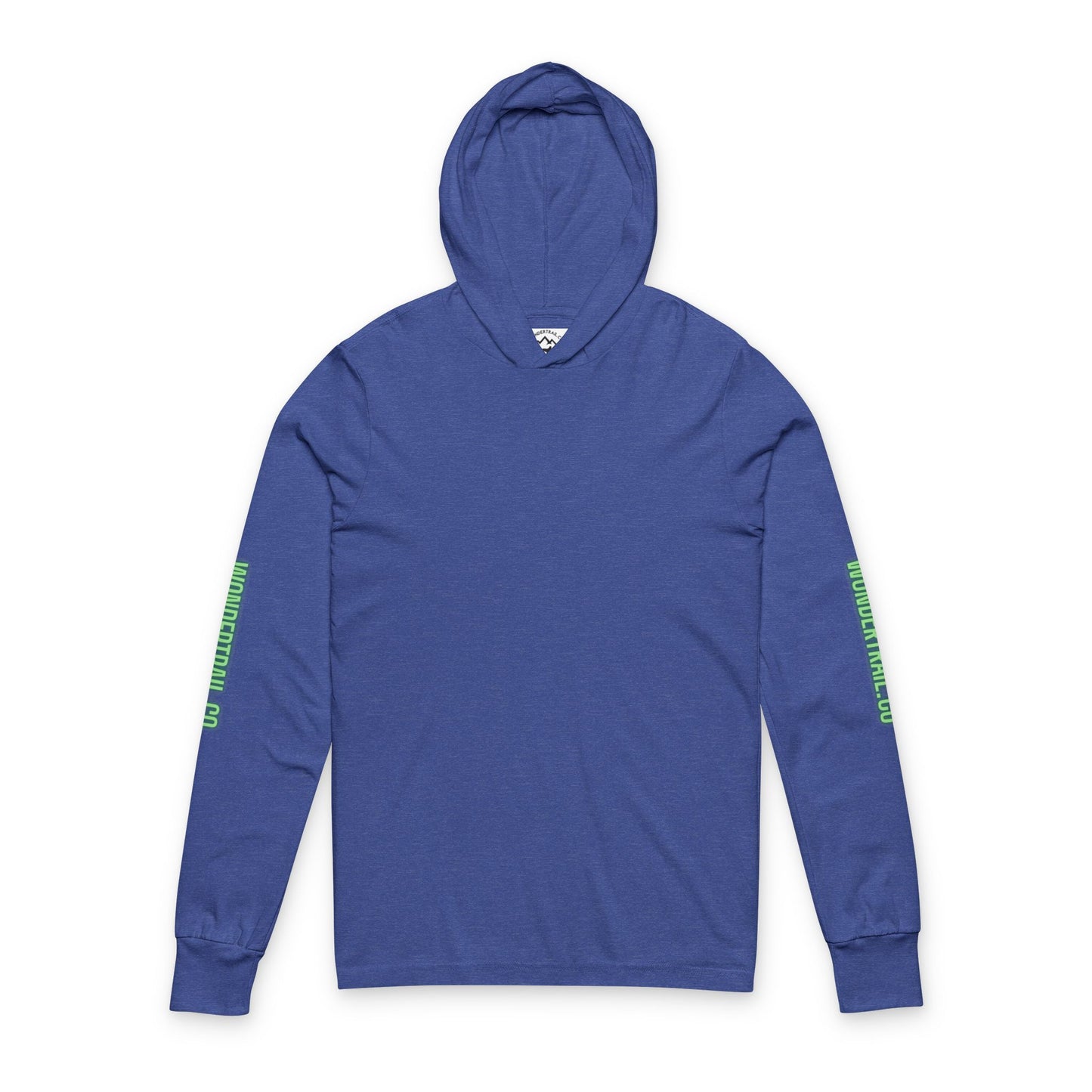 Blue hoodie with green text on sleeves against a white background