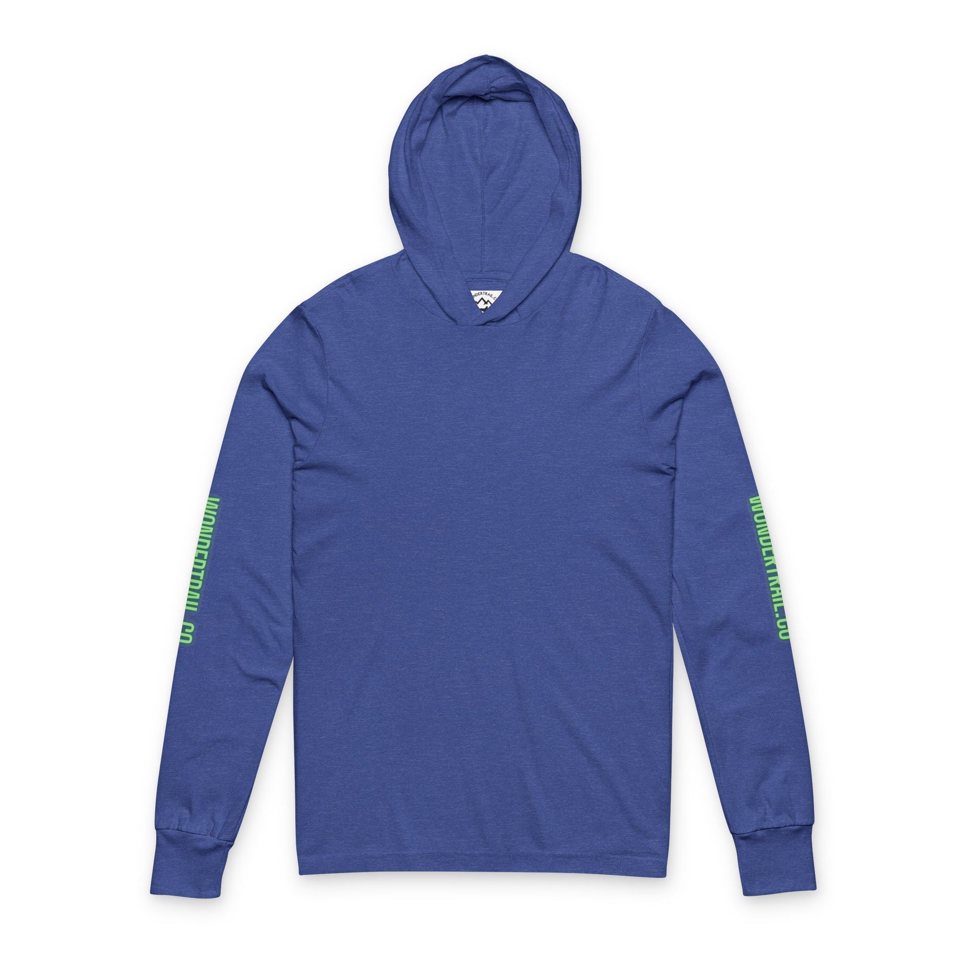 Blue hoodie with green text on sleeves against a white background