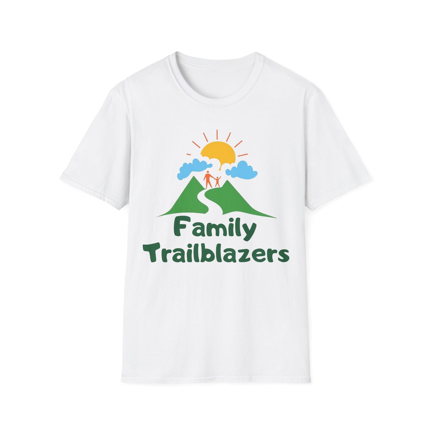 White t-shirt with 'Family Trailblazers' graphic design on a white background