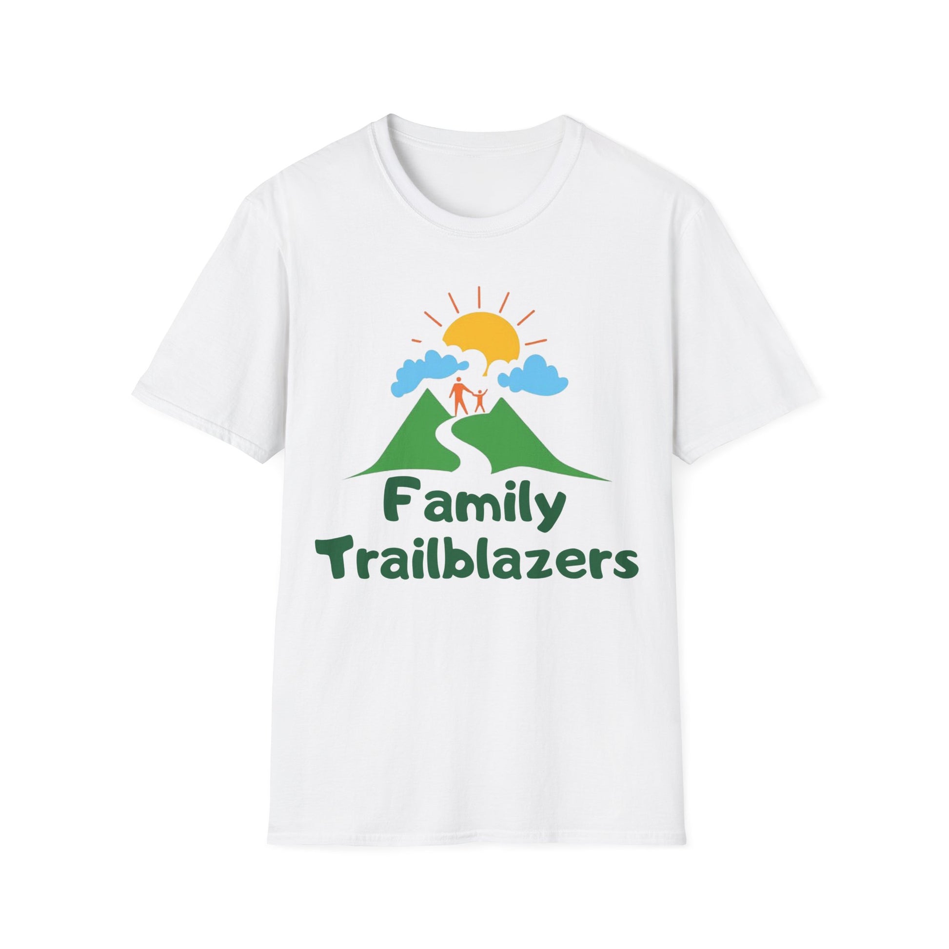 White t-shirt with 'Family Trailblazers' graphic design on a white background