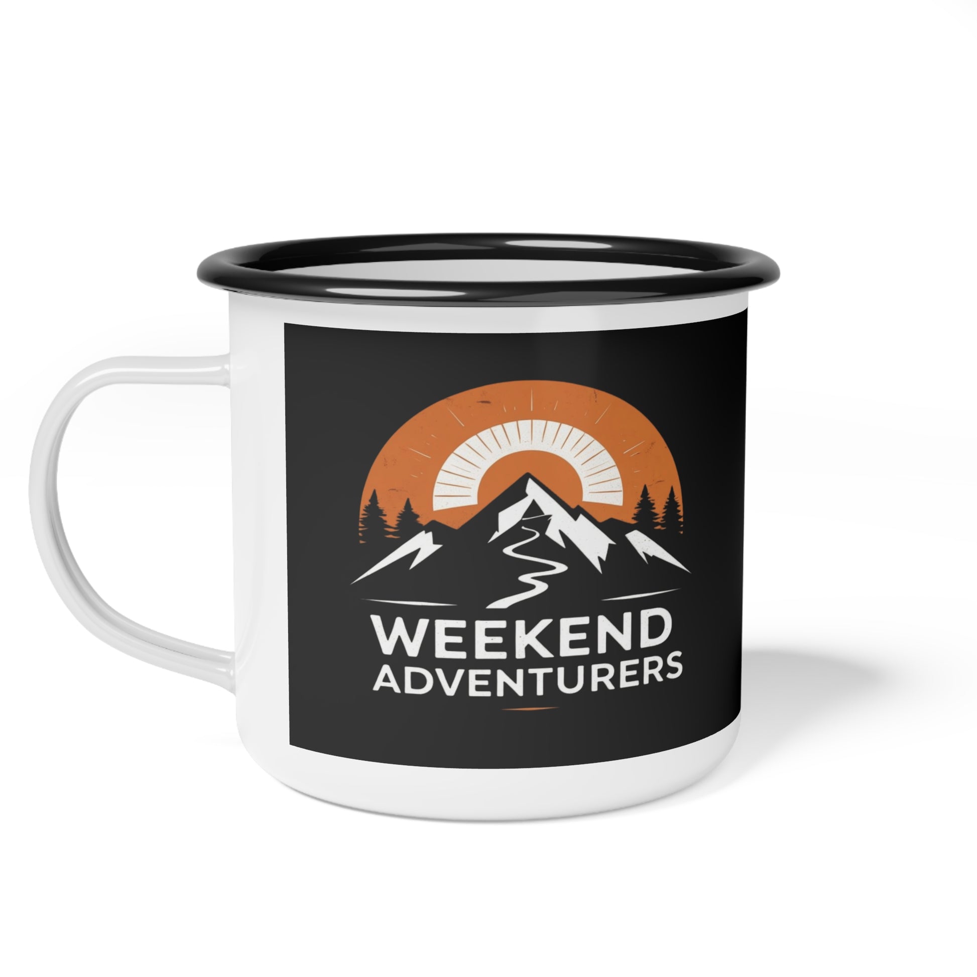 Mug with 'Weekend Adventurers' design featuring a mountain and sunset on a black background.