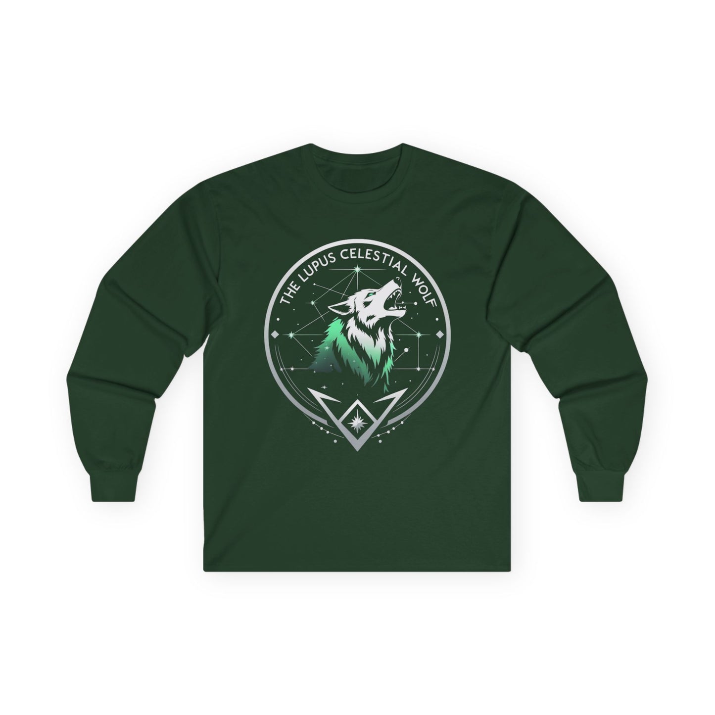 Green long-sleeve shirt with a wolf graphic and text on a white background