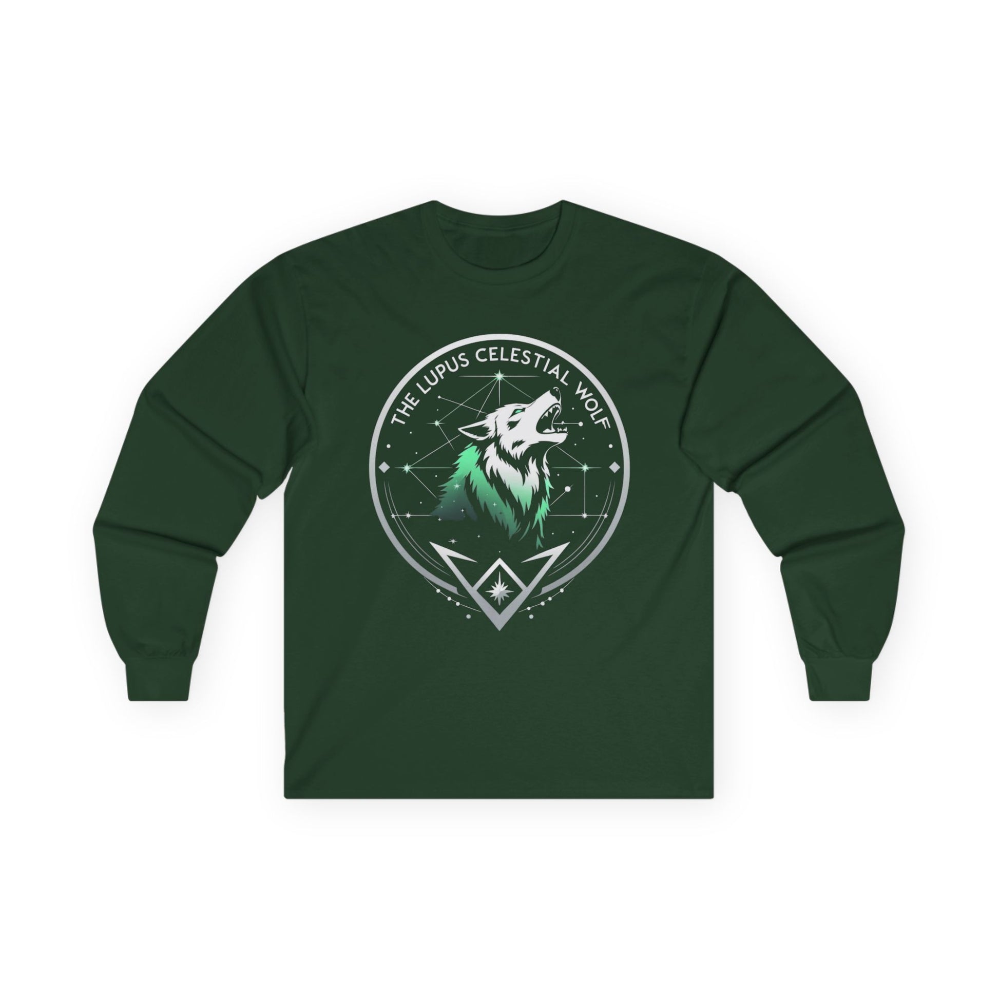 Green long-sleeve shirt with a wolf graphic and text on a white background