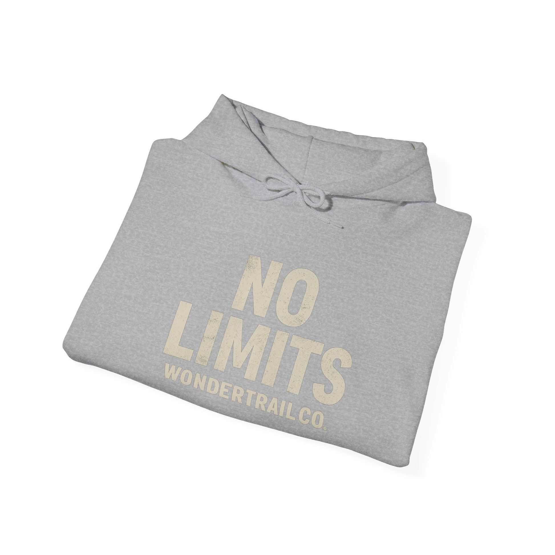 Folded gray hoodie with 'No Limits' text on a white background