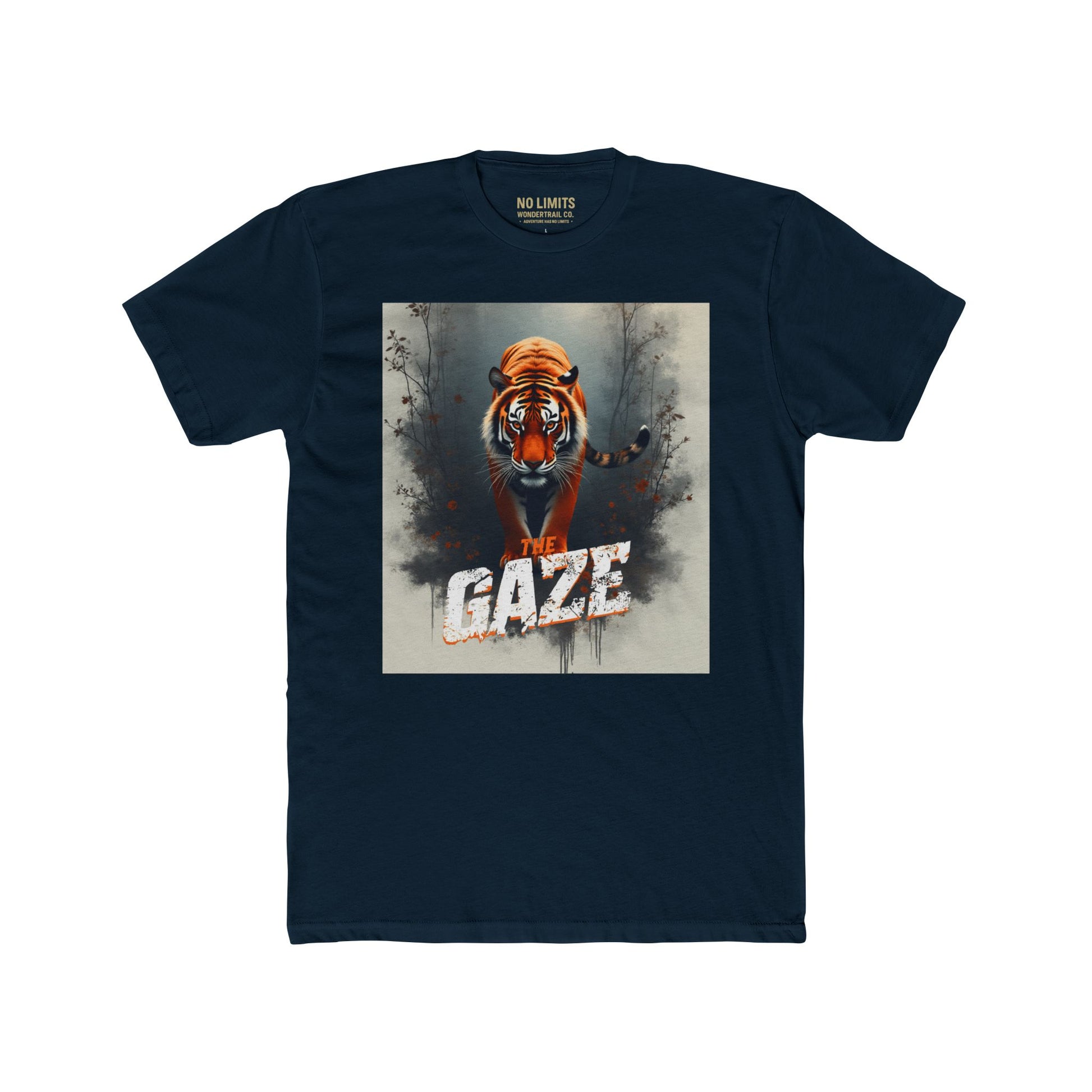 Navy blue t-shirt with a tiger graphic and 'The Gaze' text on a white background