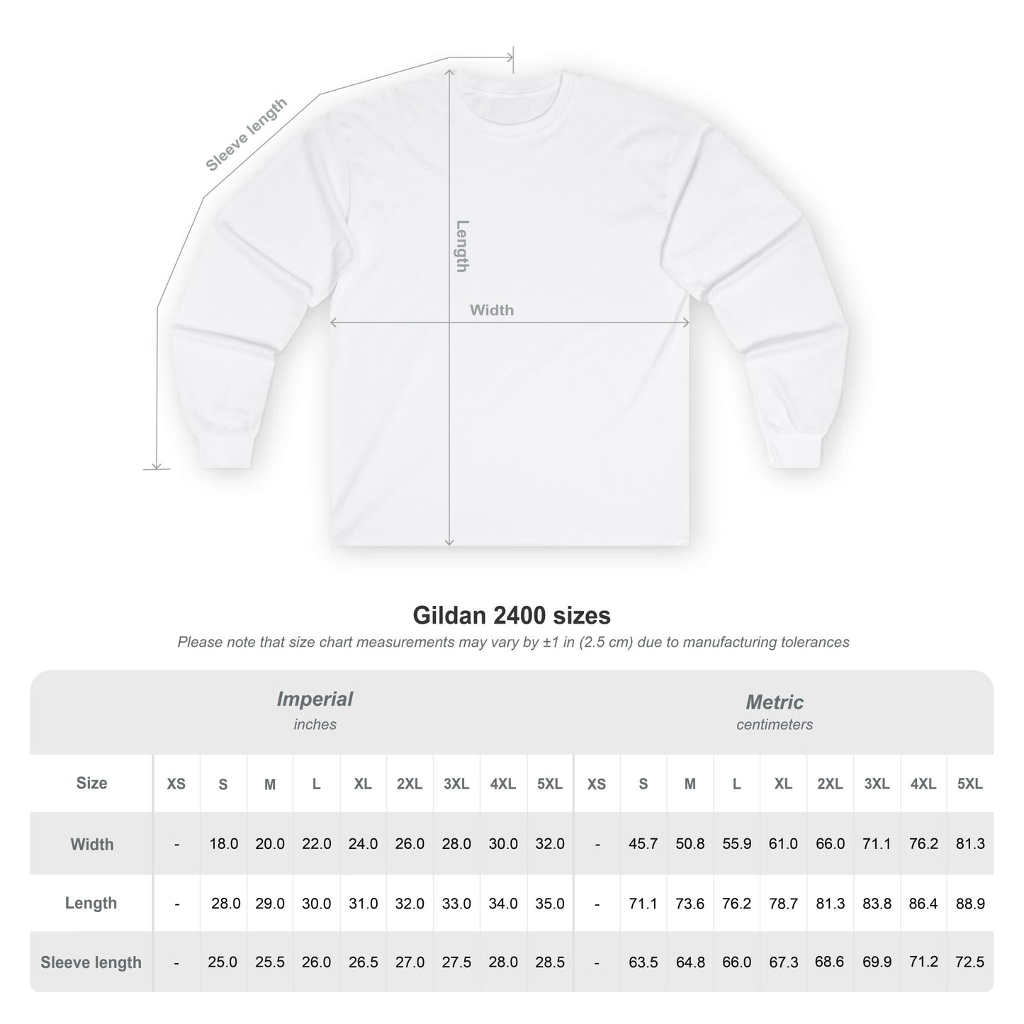 Gildan 2400 size chart for a white sweatshirt with measurements in inches and centimeters.