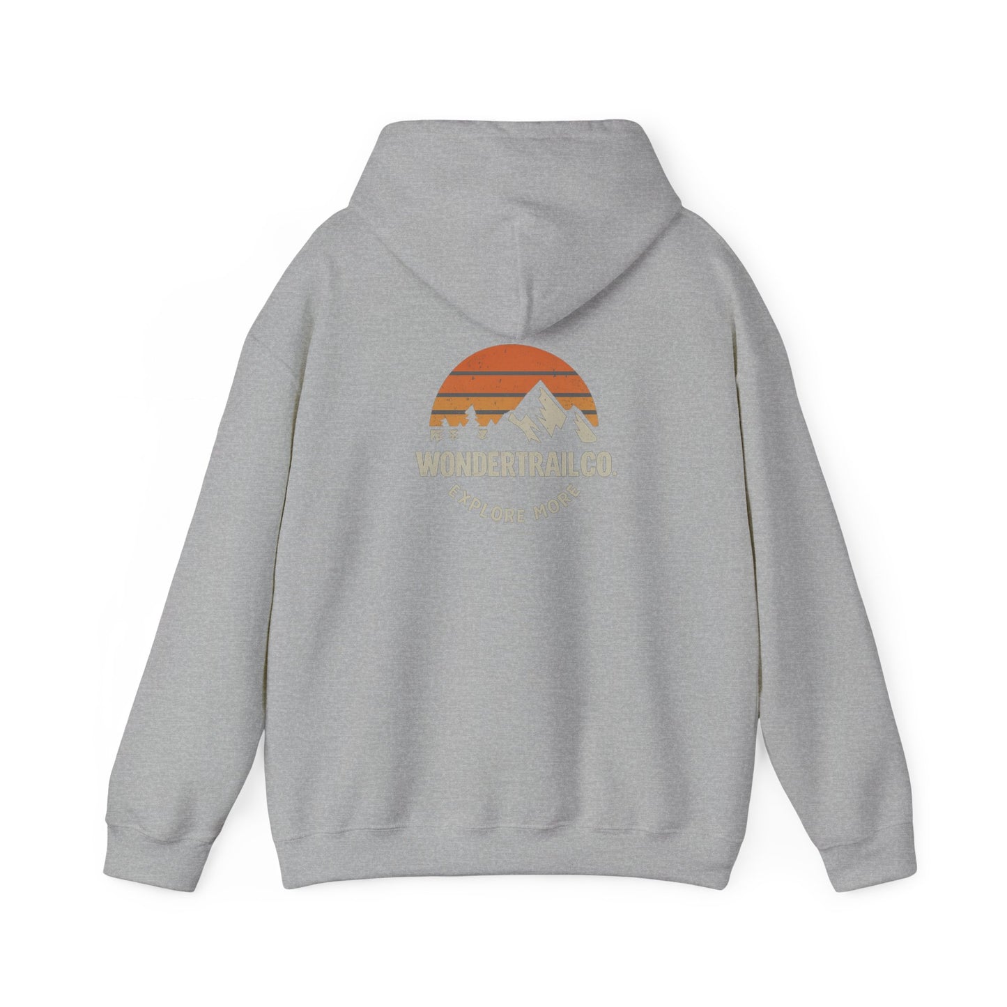 Gray hoodie with a sunset graphic and 'Wonderful' text on the back, on a white background
