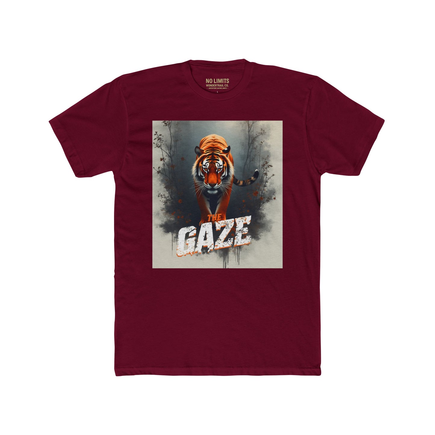 Maroon t-shirt with a tiger graphic and 'The Gaze' text on a white background
