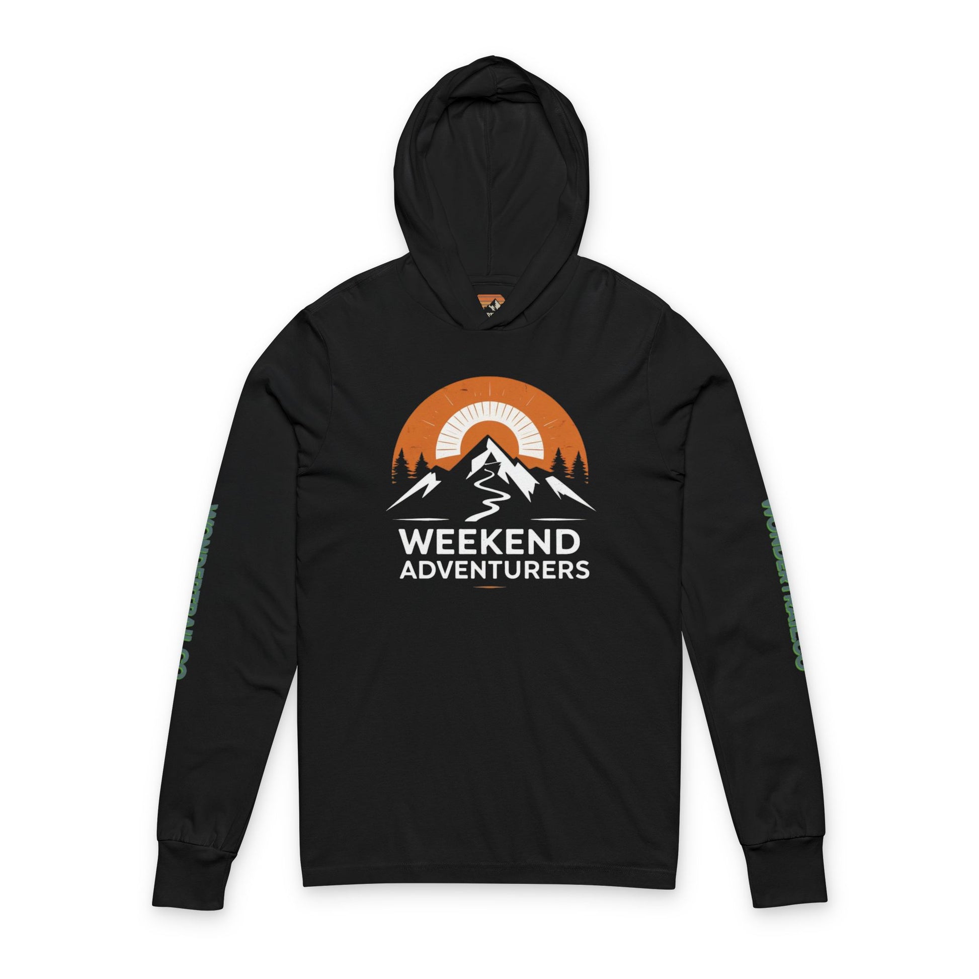 Black hoodie with 'Weekend Adventurers' graphic on a white background