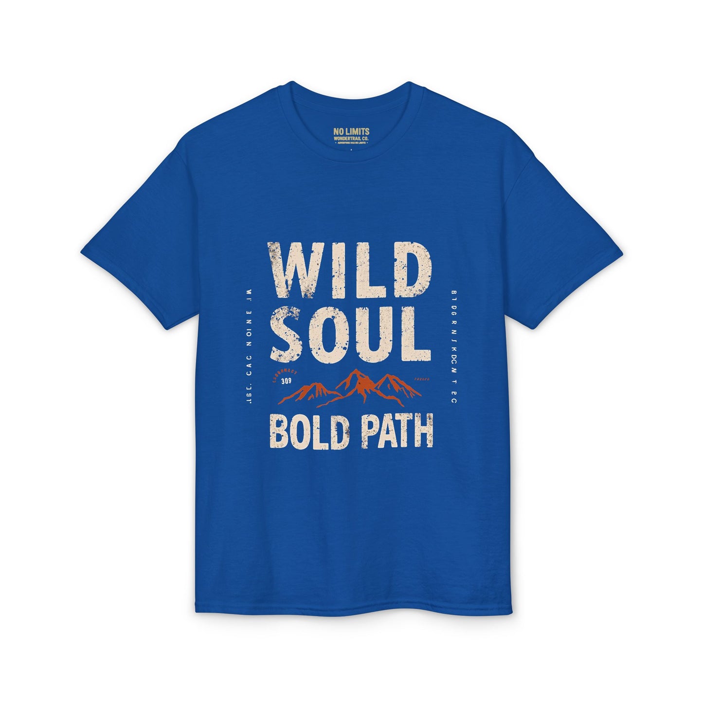 Blue t-shirt with 'Wild Soul Bold Path' text and mountain graphic on a white background