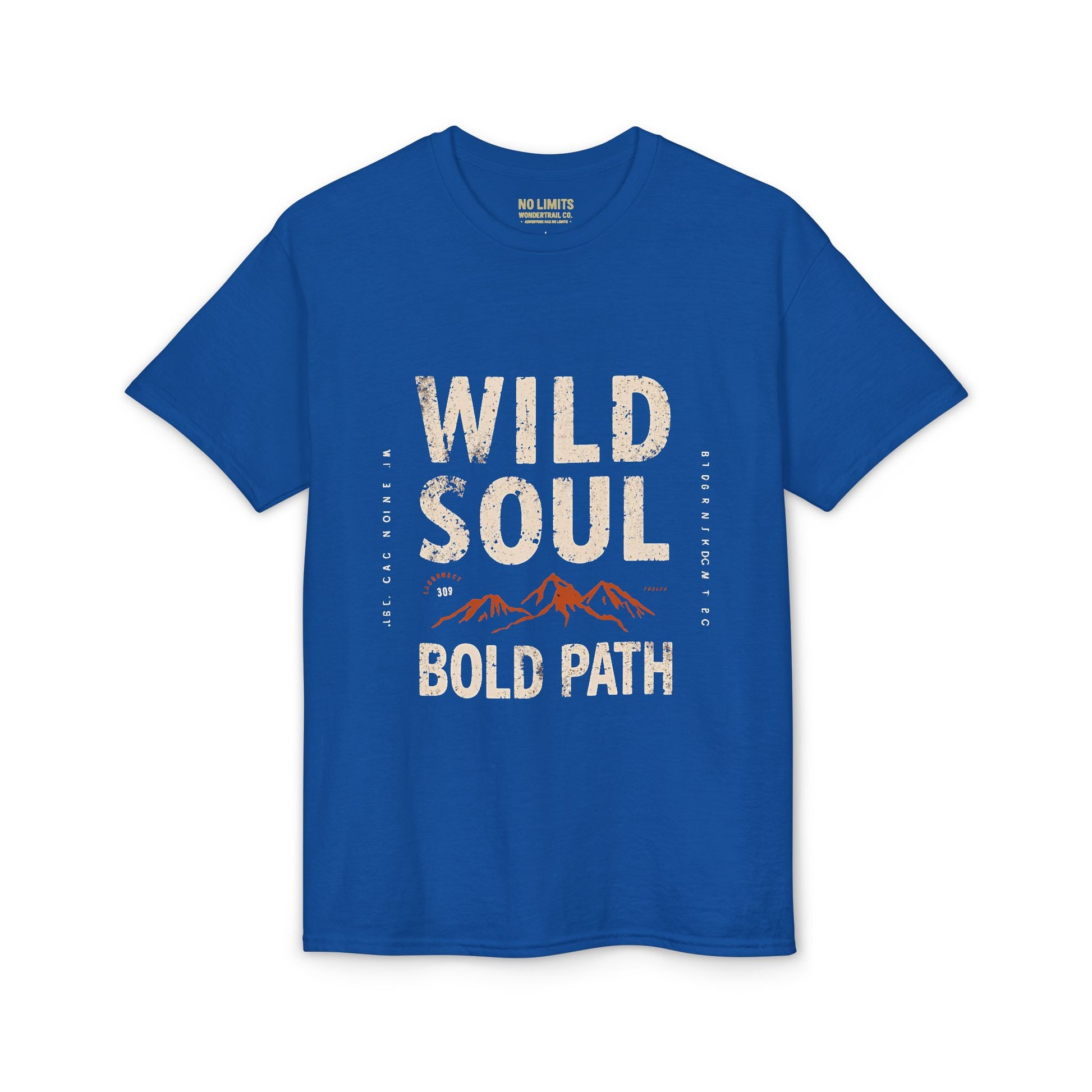 Blue t-shirt with 'Wild Soul Bold Path' text and mountain graphic on a white background