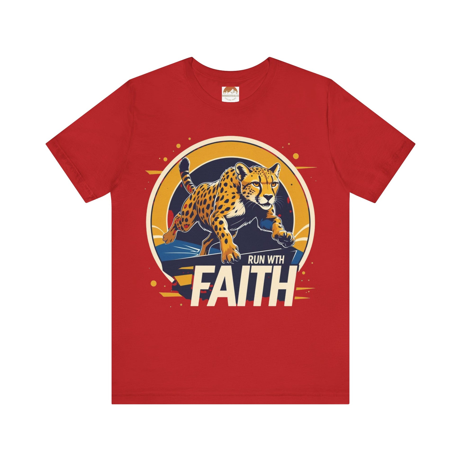 Red t-shirt with a cheetah graphic and 'Run with Faith' text on a white background