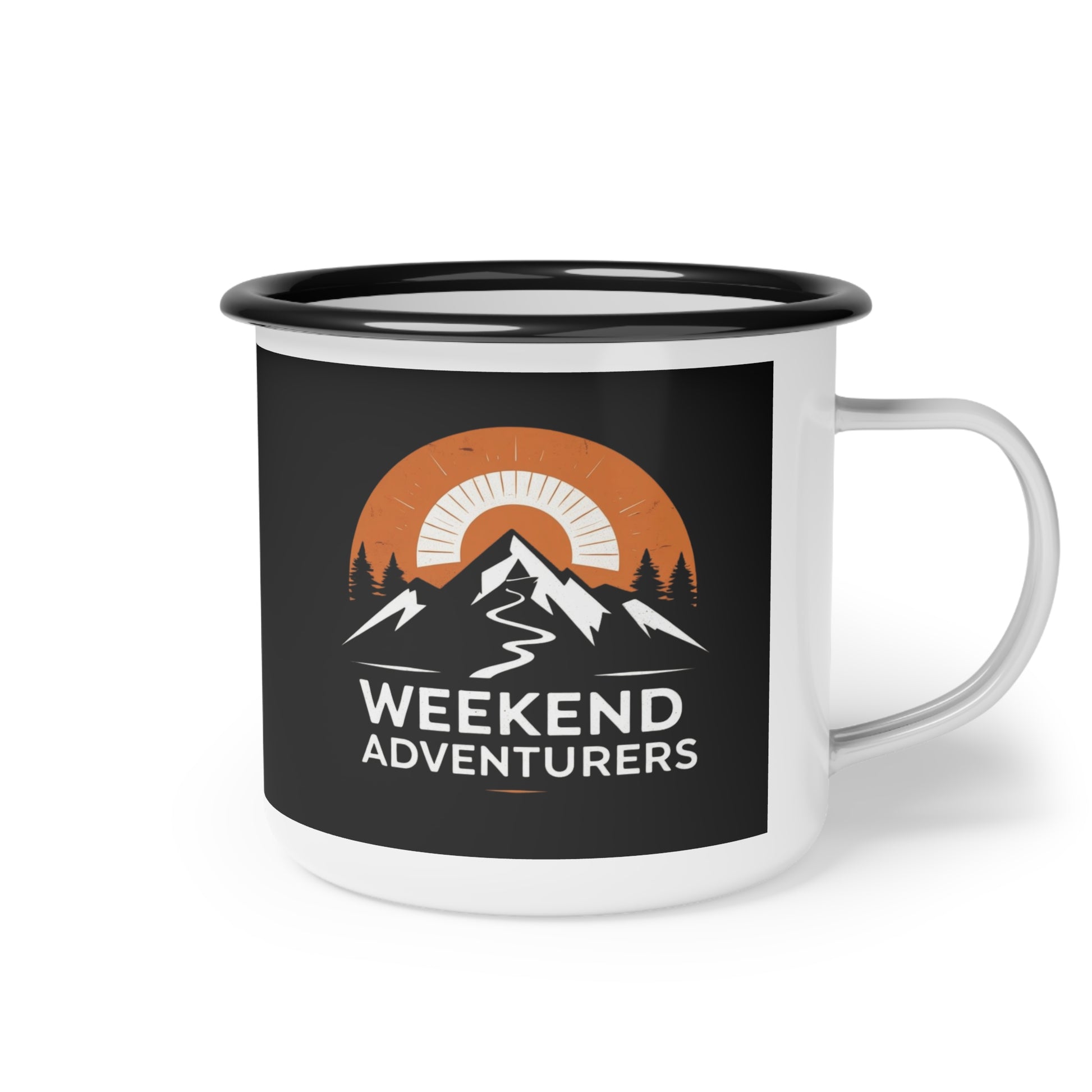 Mug with 'Weekend Adventurers' design featuring mountains and a sunset on a black background.