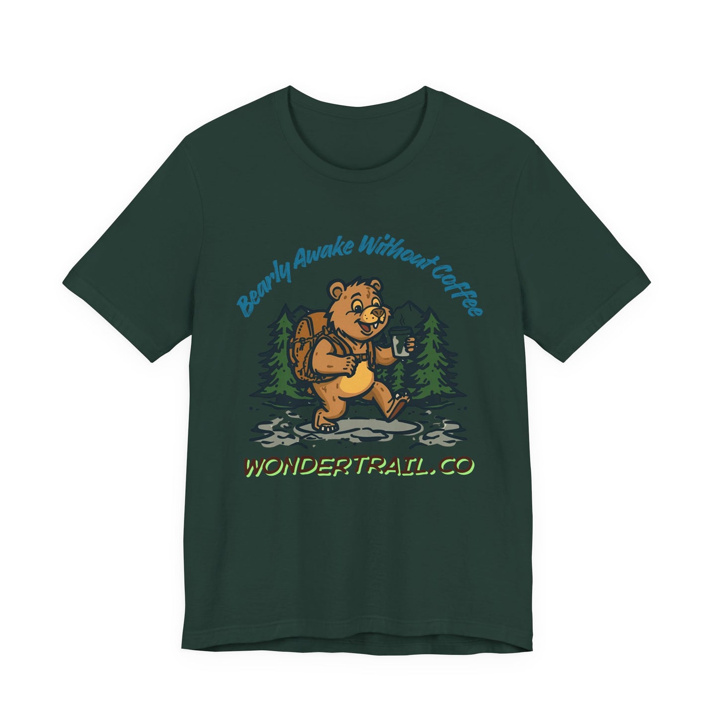 Green t-shirt with a bear graphic and text on a white background