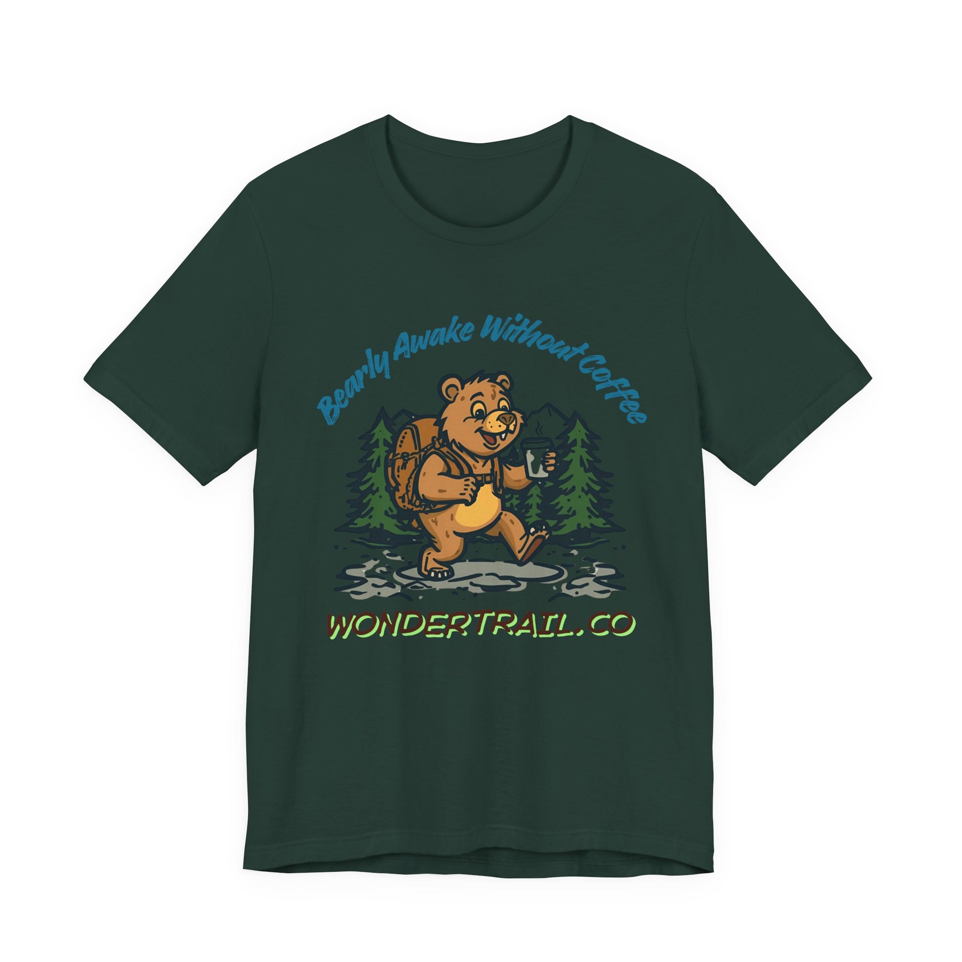 Green t-shirt with a bear graphic and text on a white background