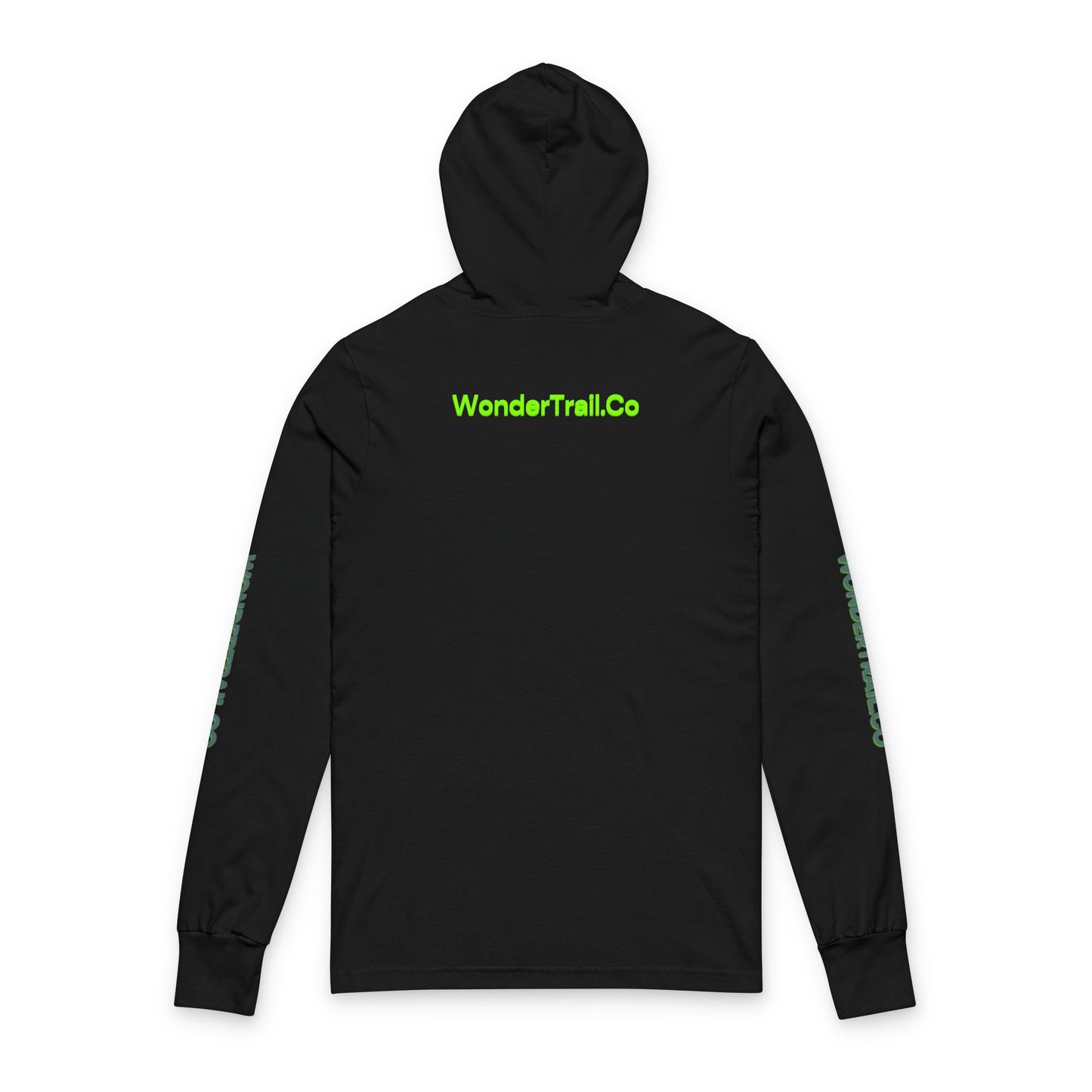 Black hoodie with green text and accents on a white background