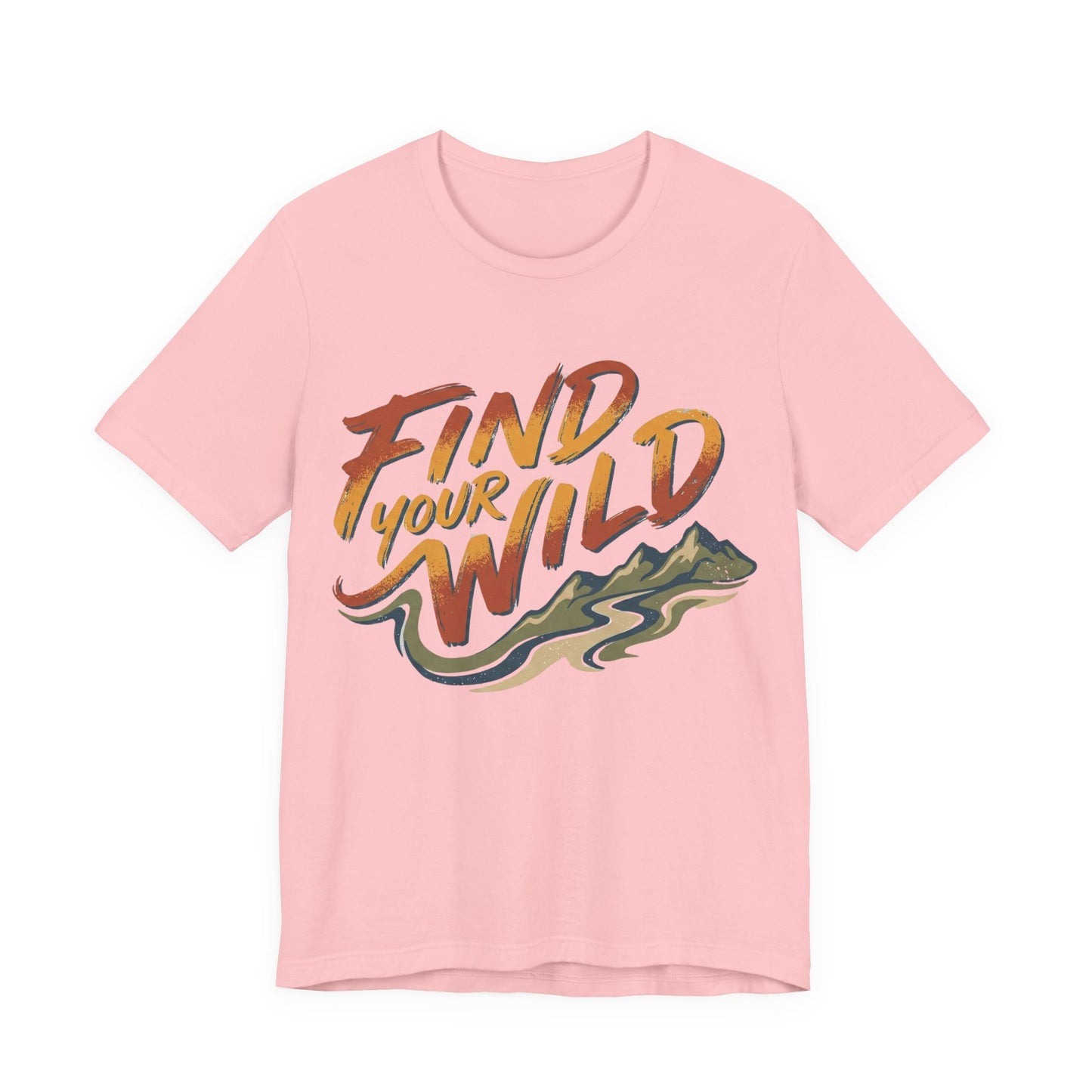Pink t-shirt with 'Find Your Wild' text and graphic on a white background