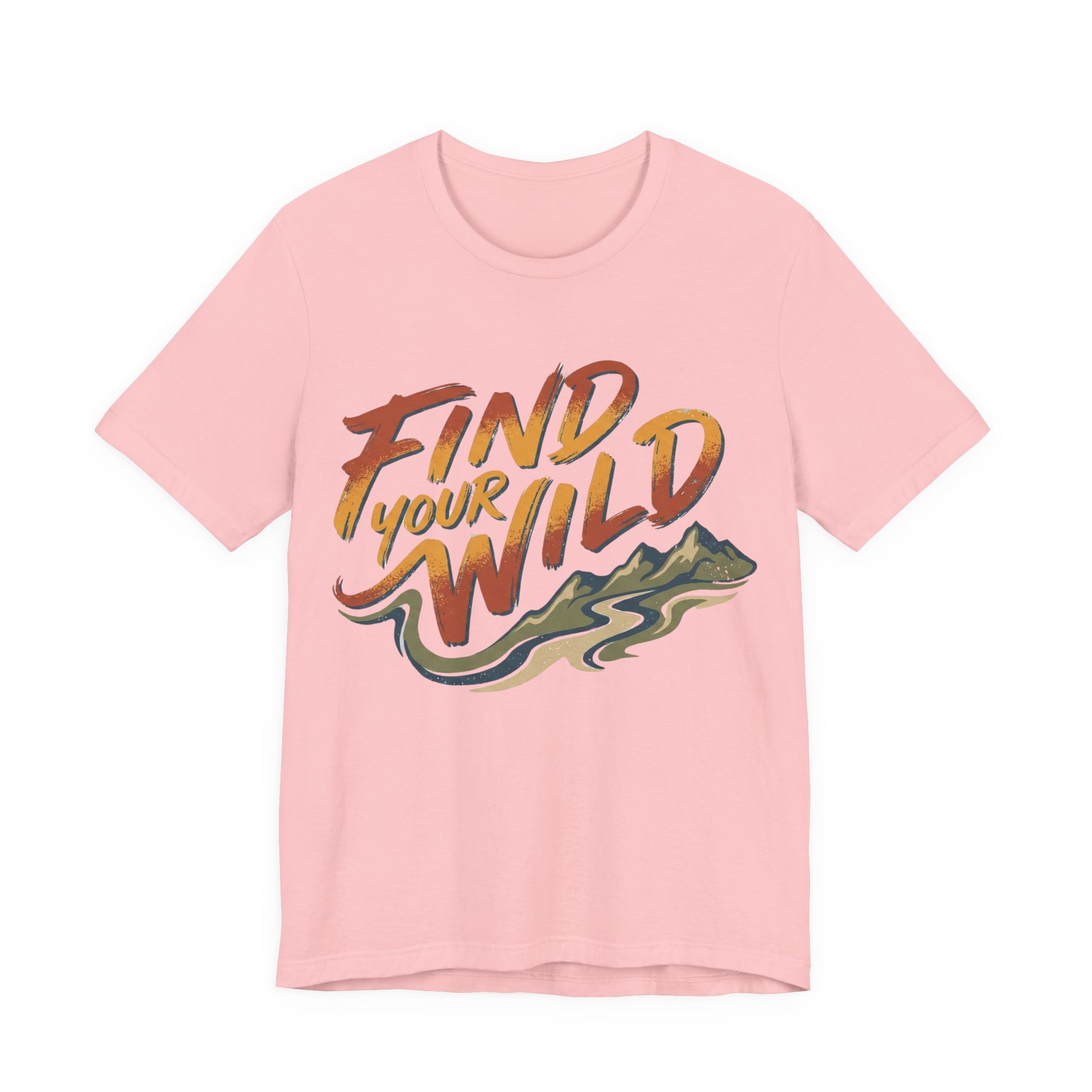 Pink t-shirt with 'Find Your Wild' text and graphic on a white background
