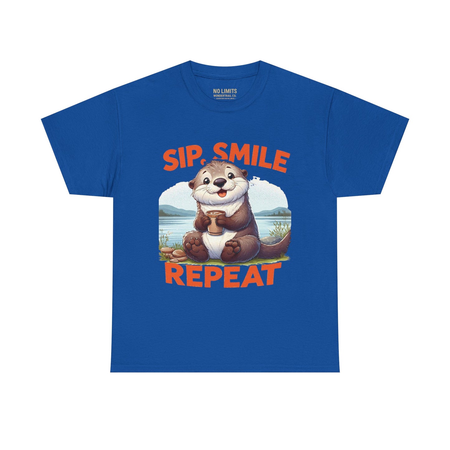 Blue t-shirt with an otter graphic and text 'Sip, Smile, Repeat' on a white background