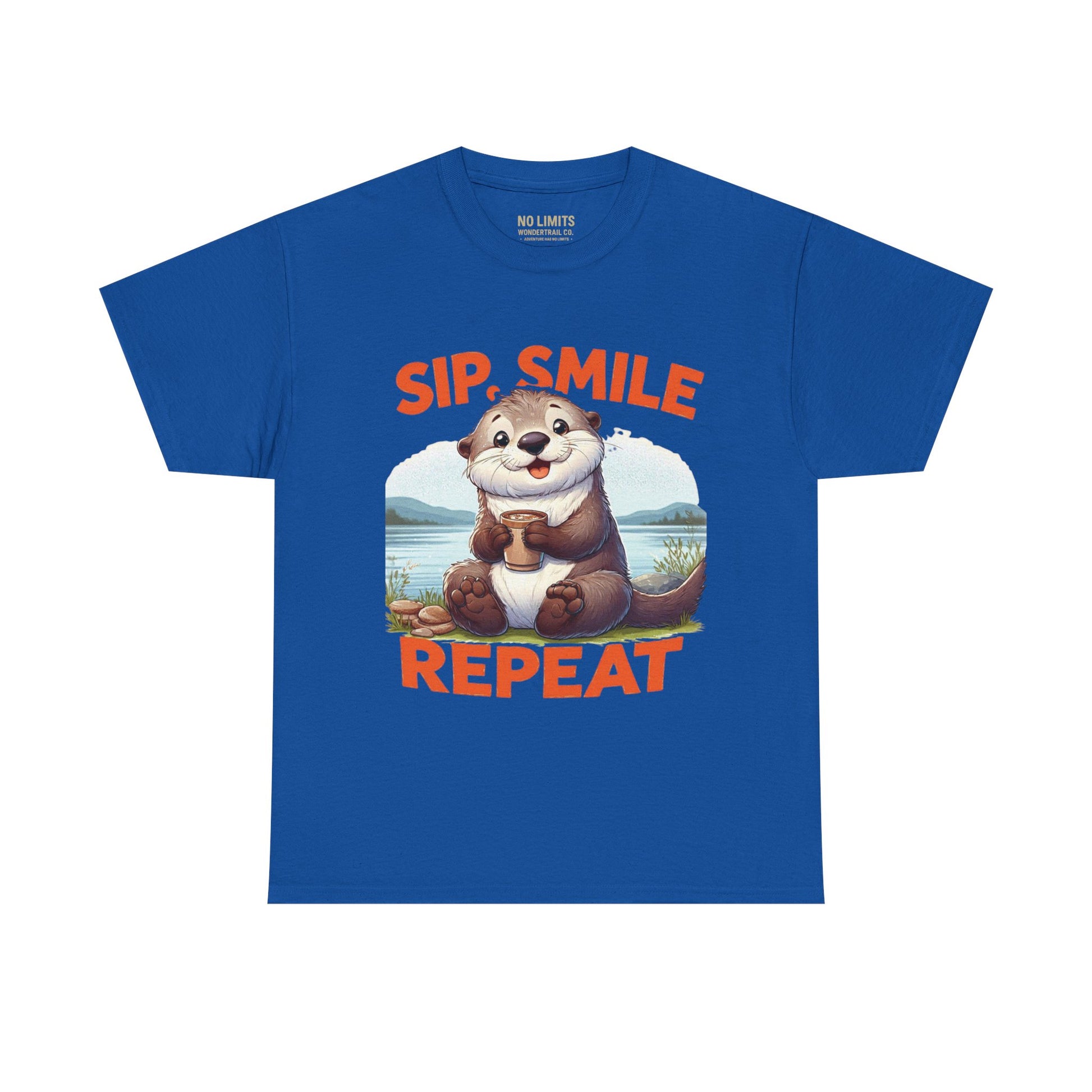 Blue t-shirt with an otter graphic and text 'Sip, Smile, Repeat' on a white background