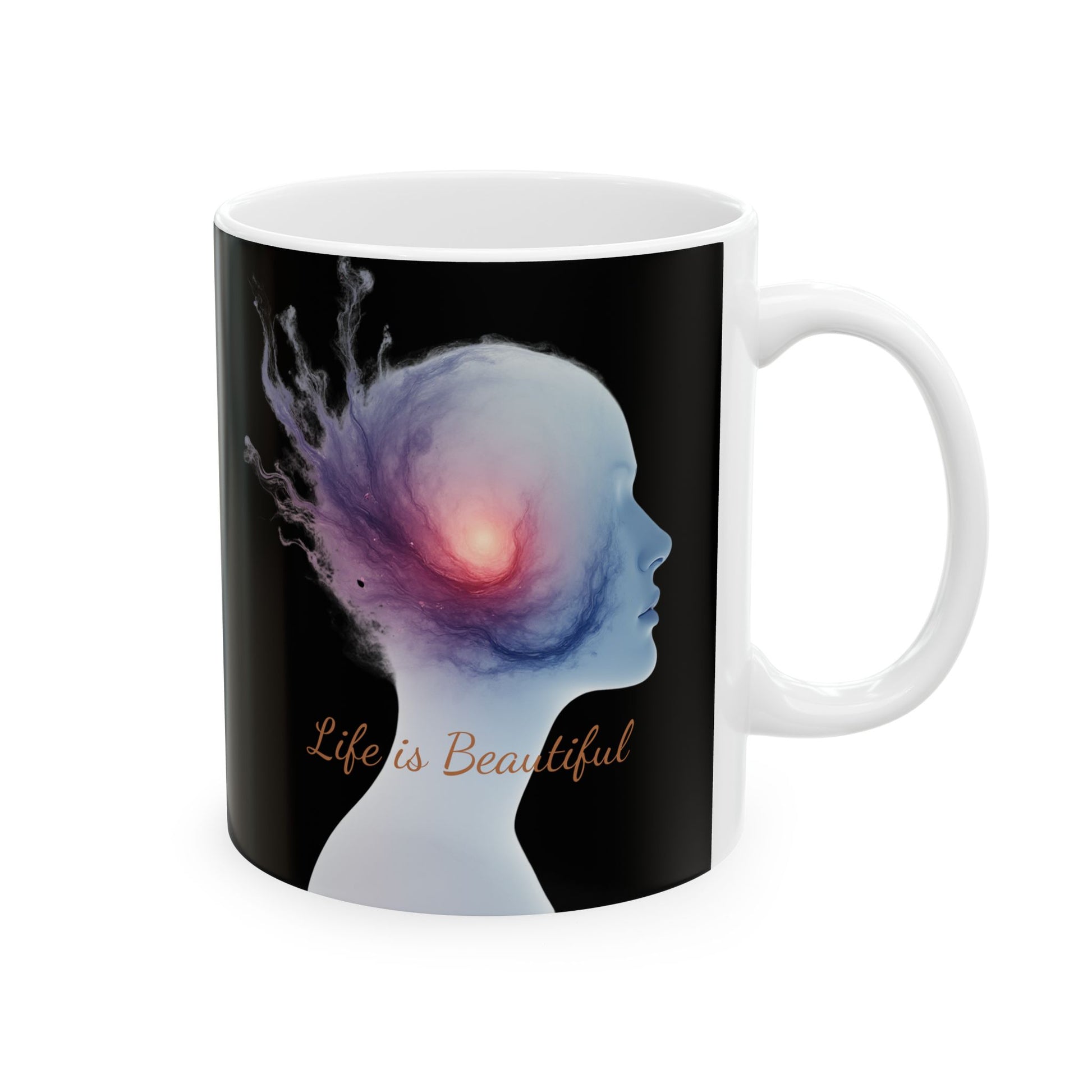 Mug with a design of a silhouette of a head and 'Life is Beautiful' text on a black background