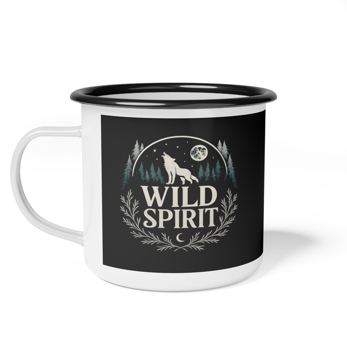 Mug with 'Wild Spirit' design featuring a wolf and moon on a black background