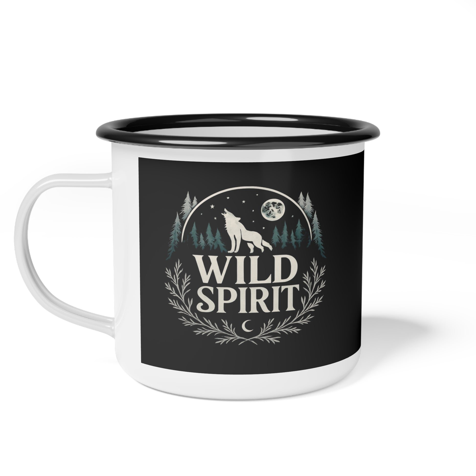Mug with 'Wild Spirit' design featuring a wolf and moon on a black background