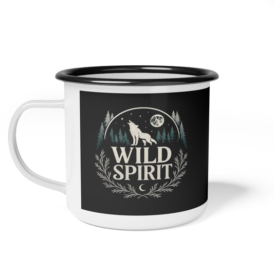 Mug with 'Wild Spirit' design featuring a wolf and moon on a black background