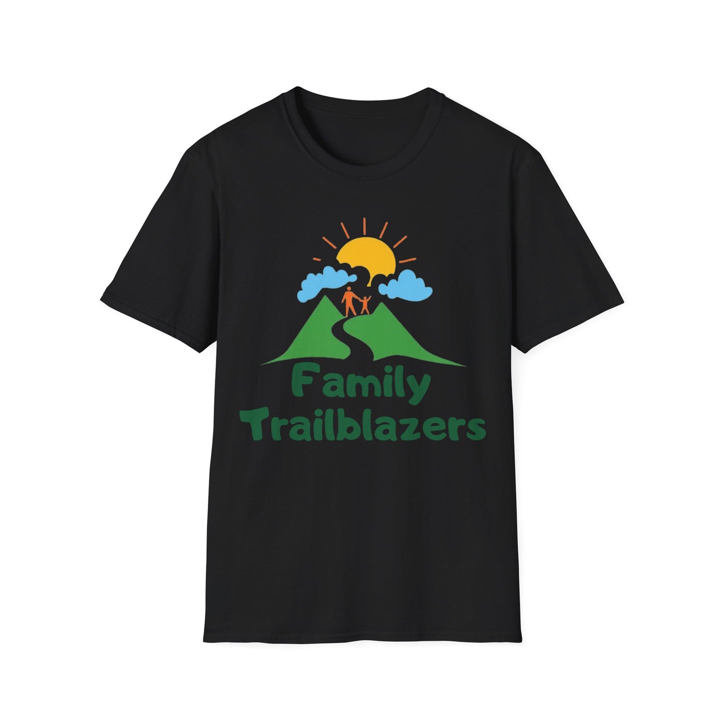 Black t-shirt with 'Family Trailblazers' graphic design on a white background