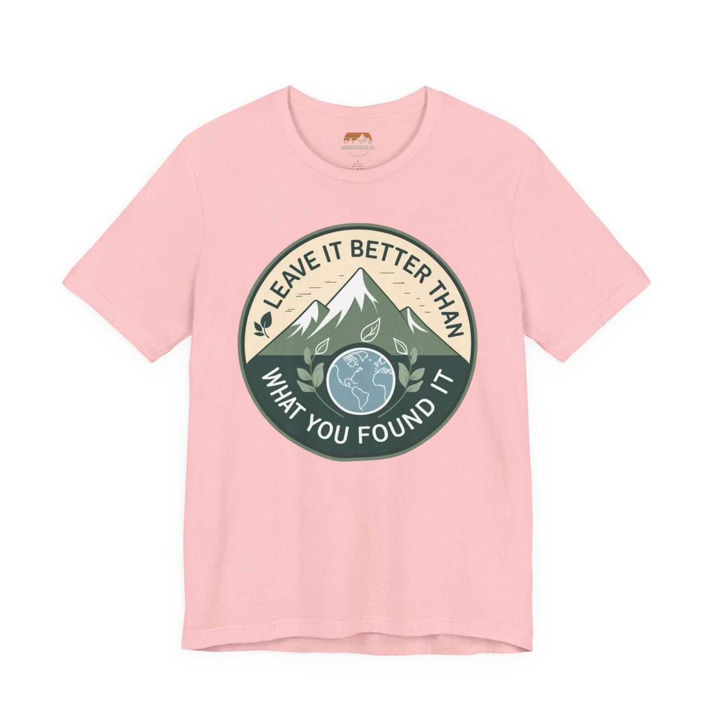Pink t-shirt with a mountain and environmental message design on a white background
