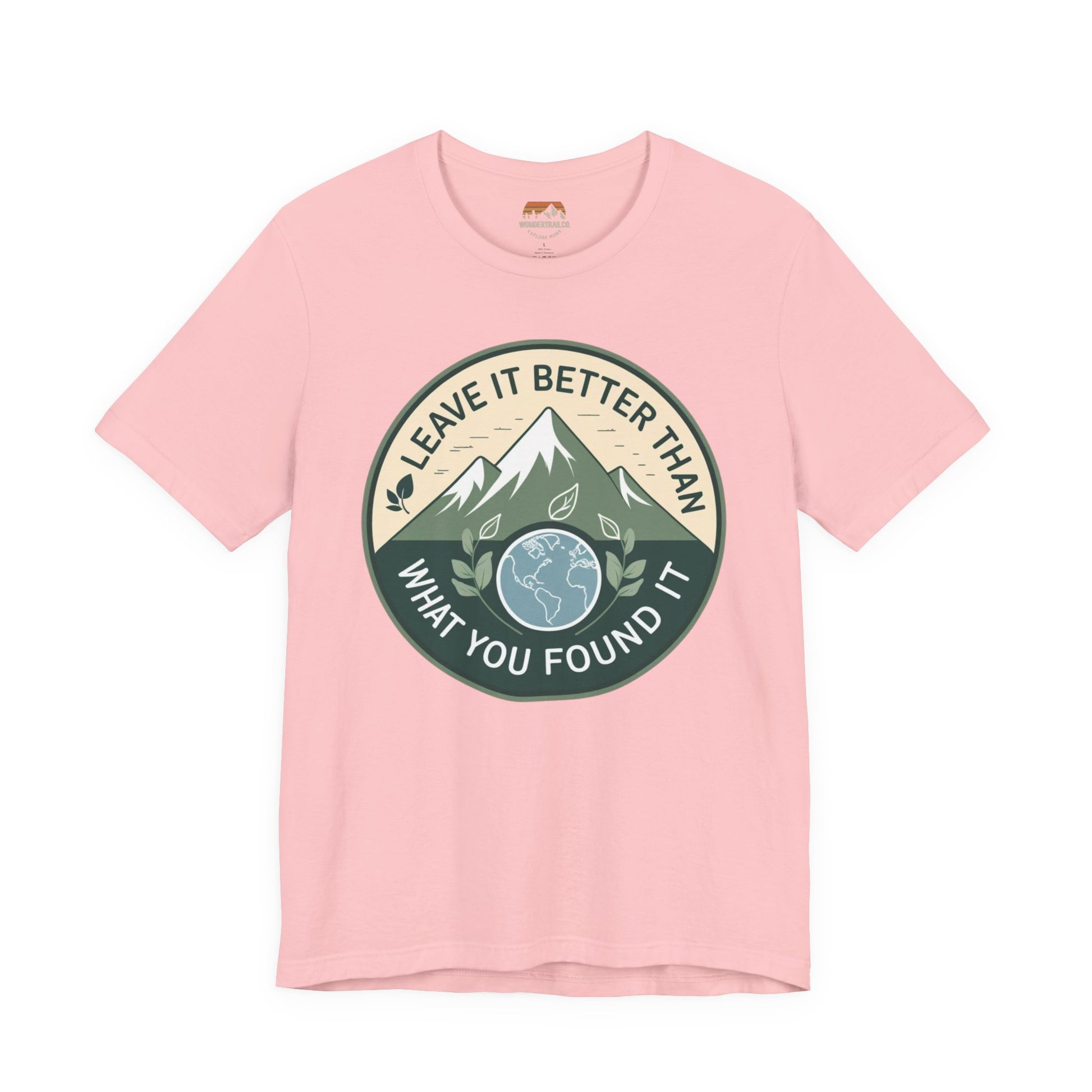Pink t-shirt with a mountain and environmental message design on a white background