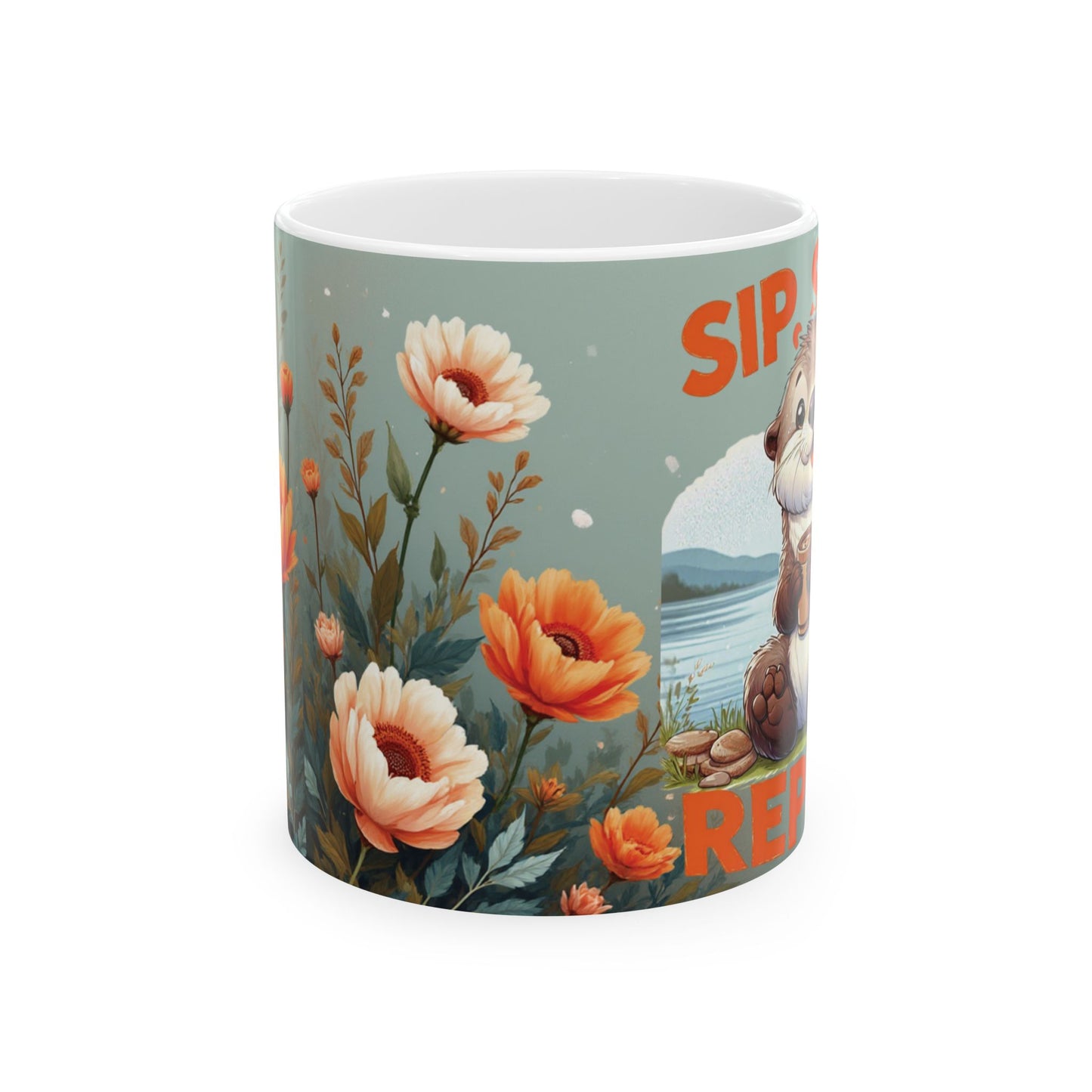 Sip, Smile, Repeat Ceramic Mug — Floral Otter Lake Coffee Cup (11oz & 15oz)