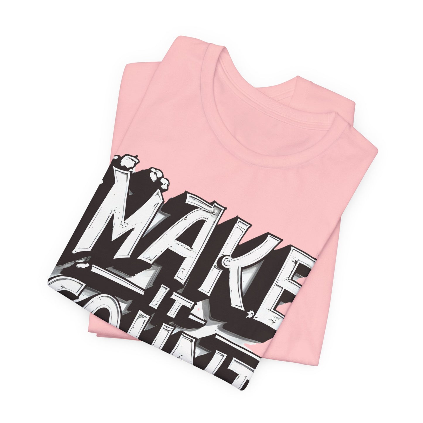 Pink t-shirt with 'MAKE IT SHINE' text design on a white background