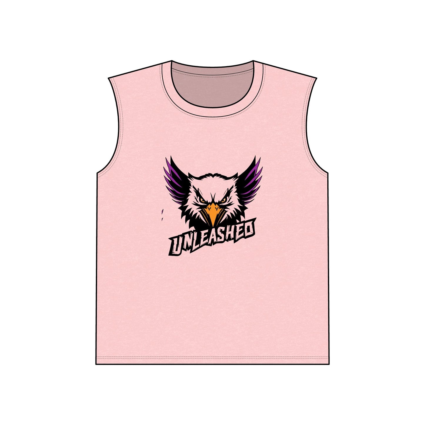 Pink sleeveless shirt with an eagle logo and 'Unleashed' text on a white background