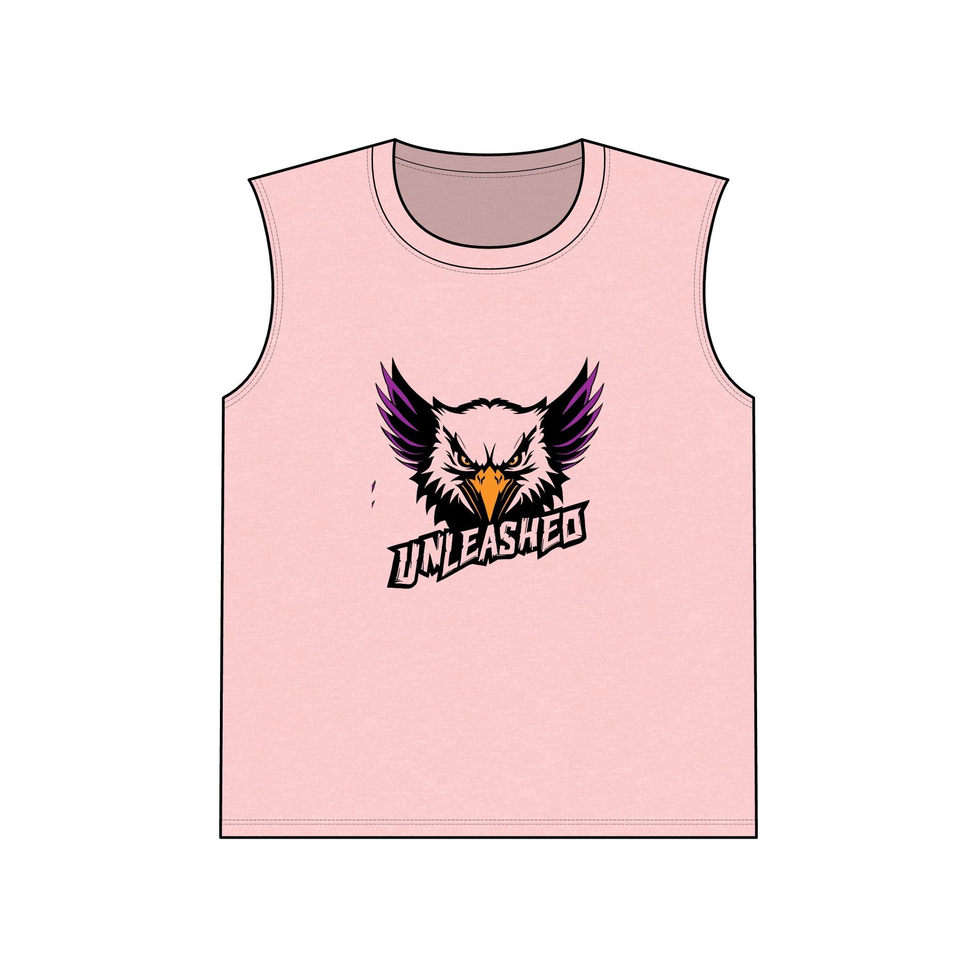 Pink sleeveless shirt with an eagle logo and 'Unleashed' text on a white background