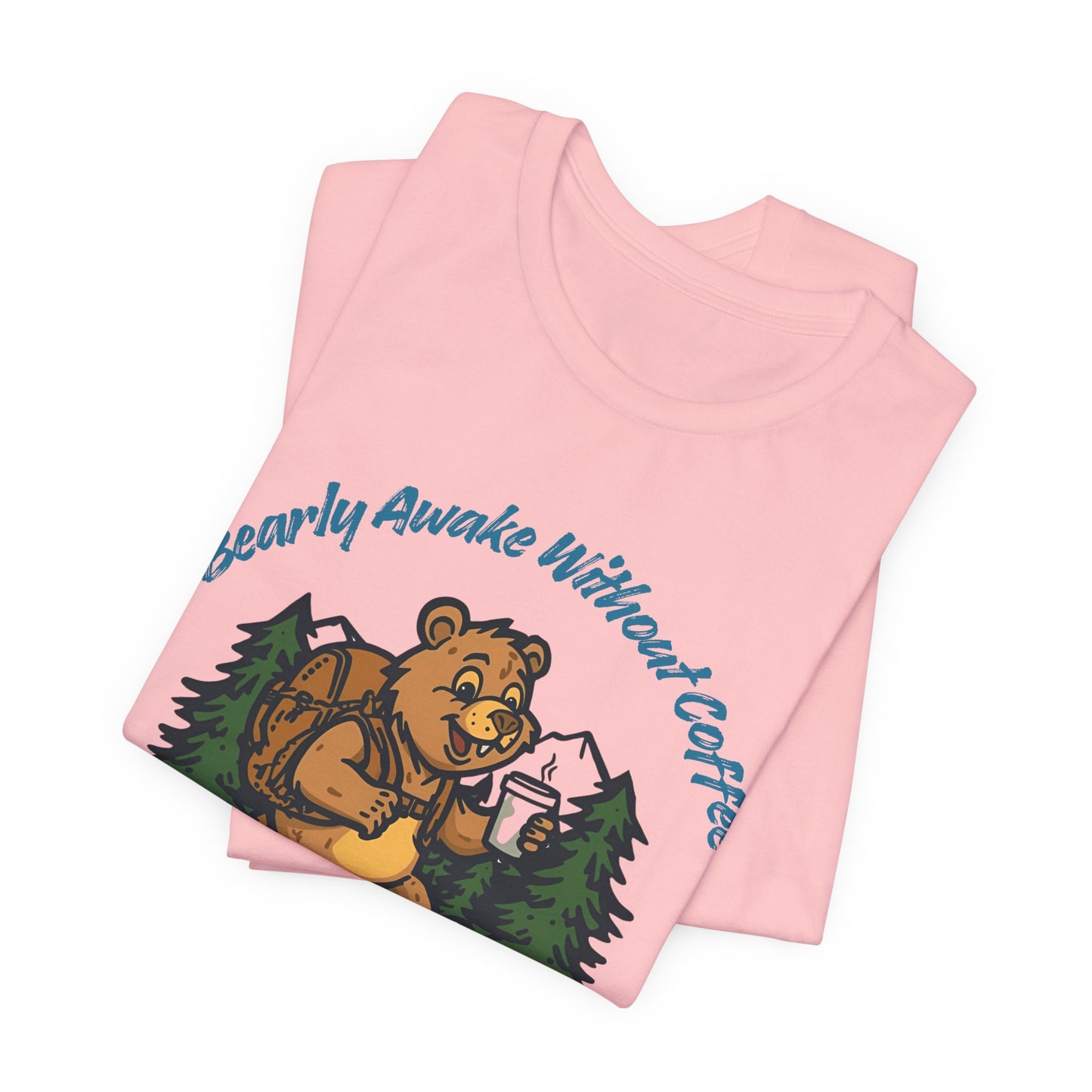 Pink tank top with bear graphic and text 'Bearly Awake Without Coffee' on a white background