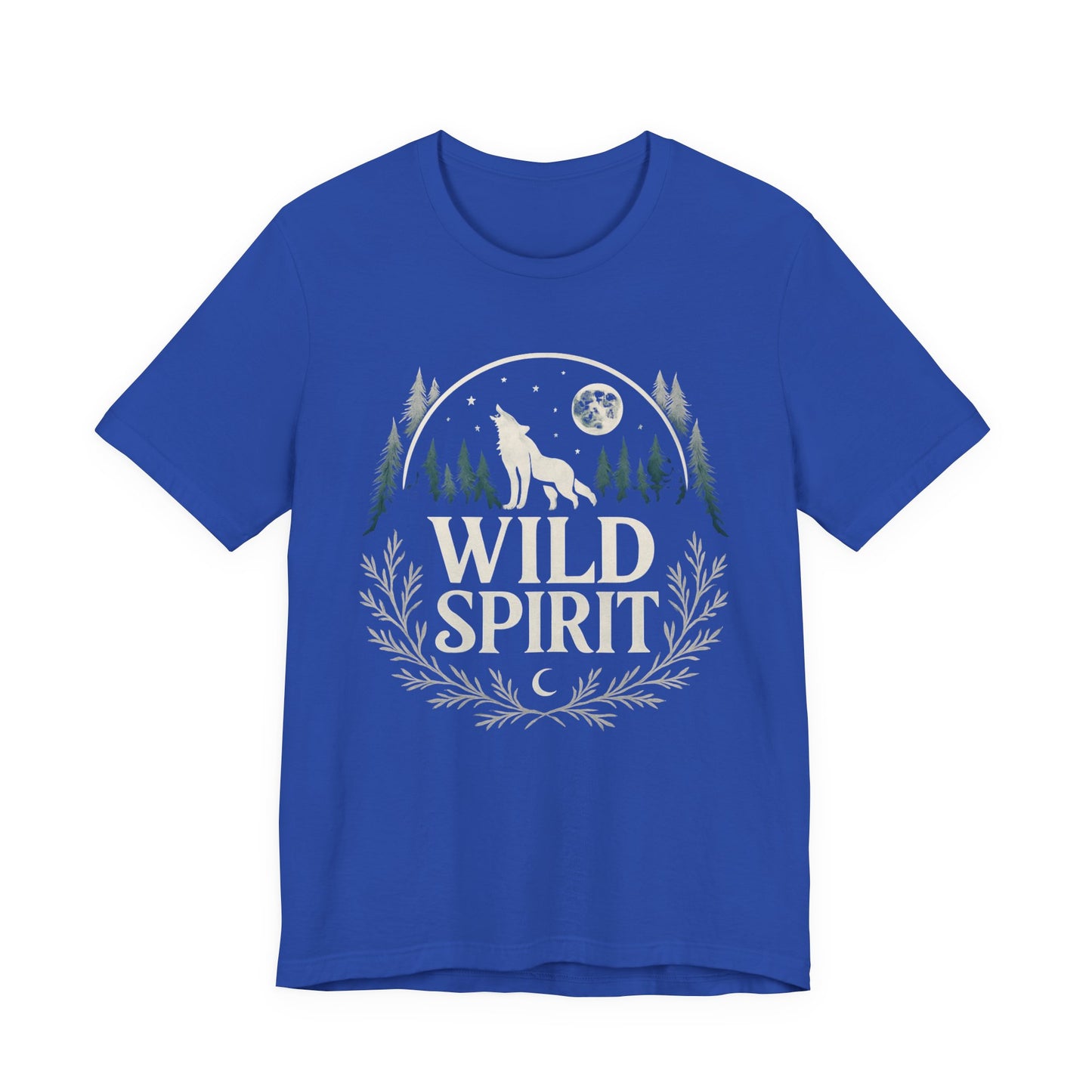 Blue t-shirt with 'Wild Spirit' design featuring a wolf and trees on a white background