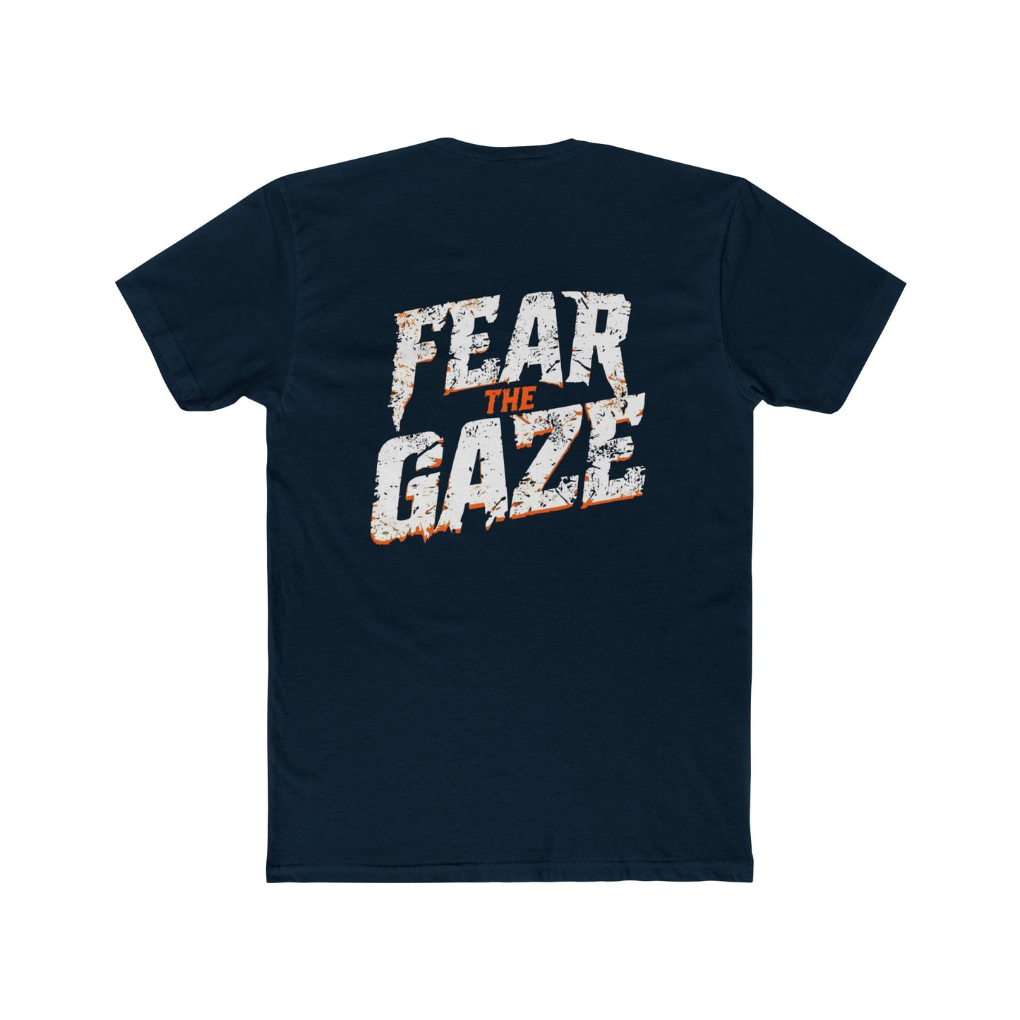 Black t-shirt with 'FEAR THE GAZE' text on the back against a white background
