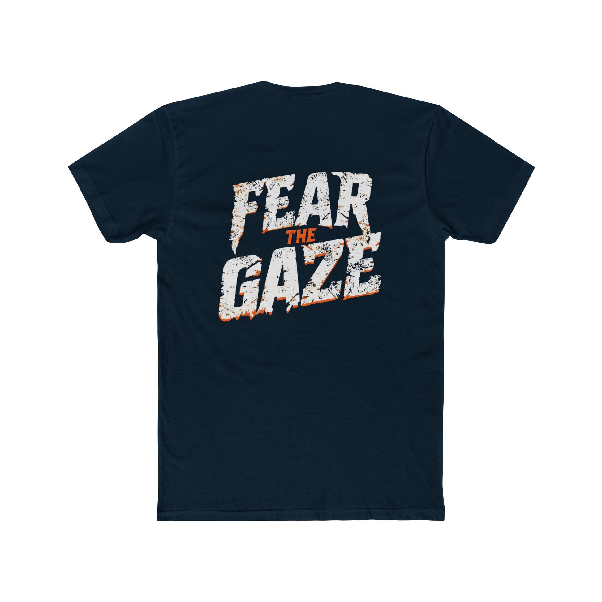 Black t-shirt with 'FEAR THE GAZE' text on the back against a white background
