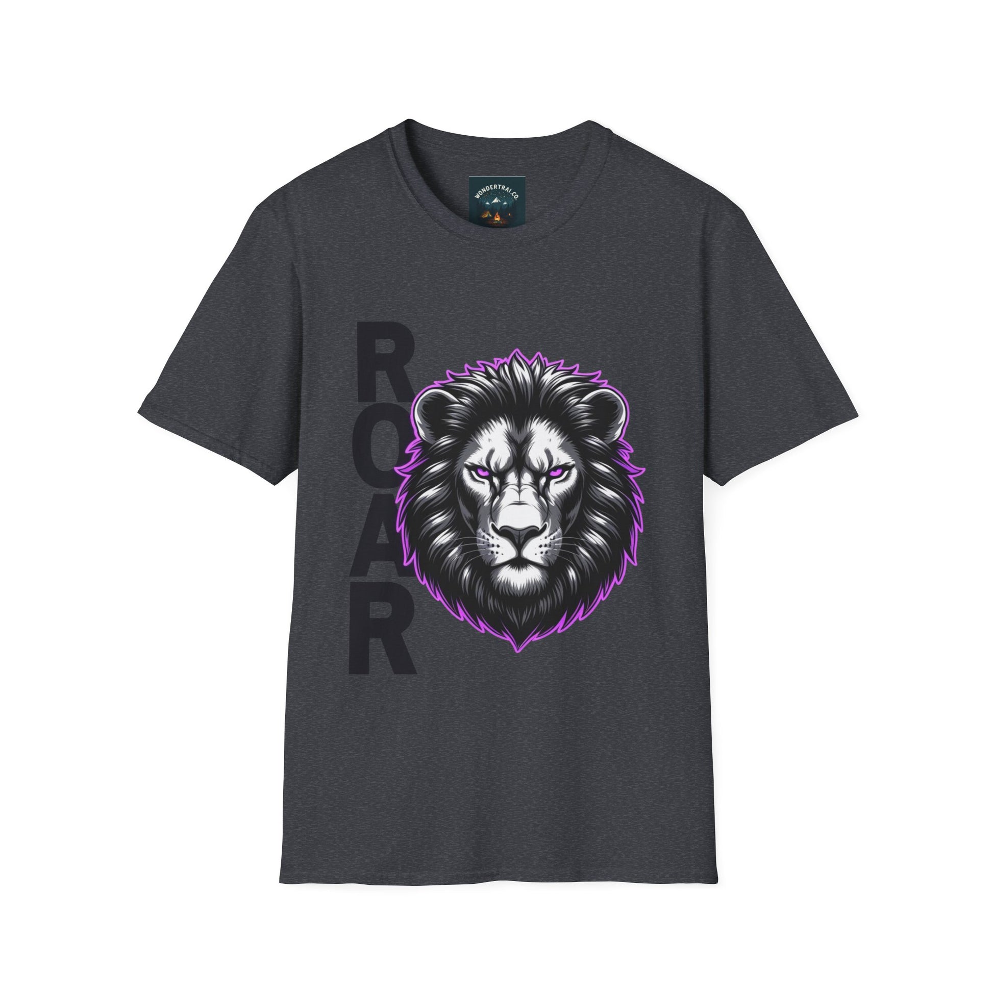 Black t-shirt with a lion graphic and 'ROAR' text on a white background