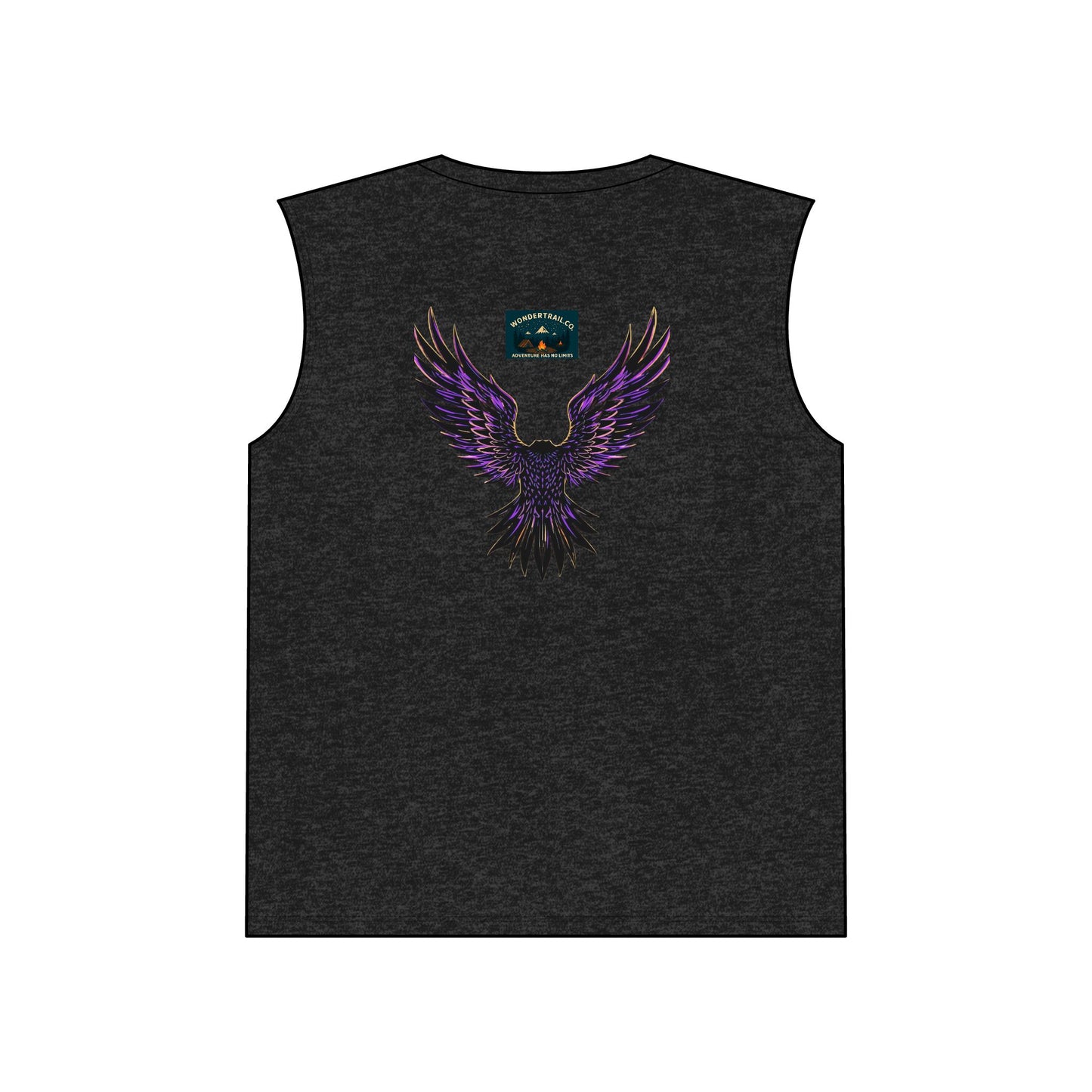 Black sleeveless shirt with purple eagle design on a white background