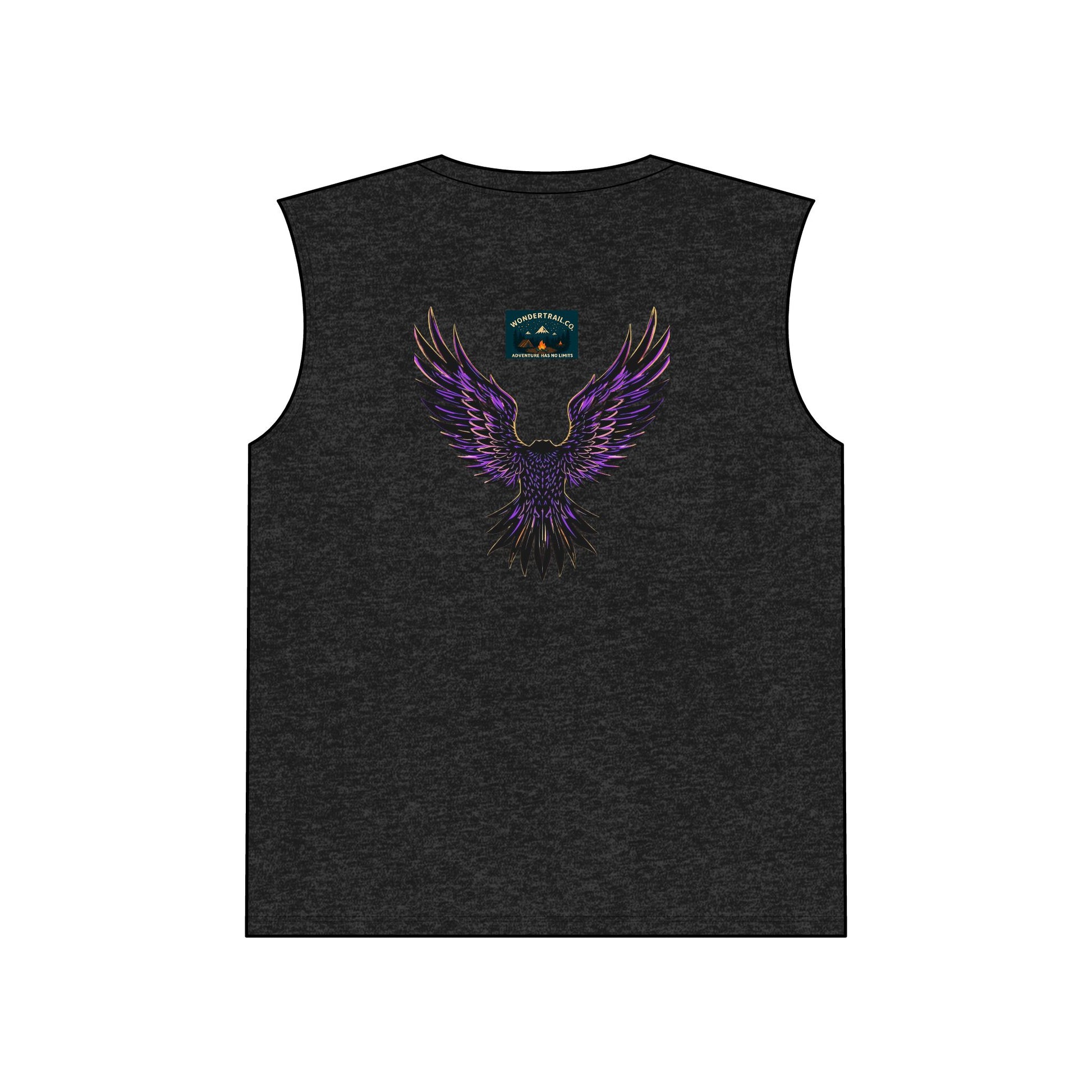 Black sleeveless shirt with purple eagle design on a white background