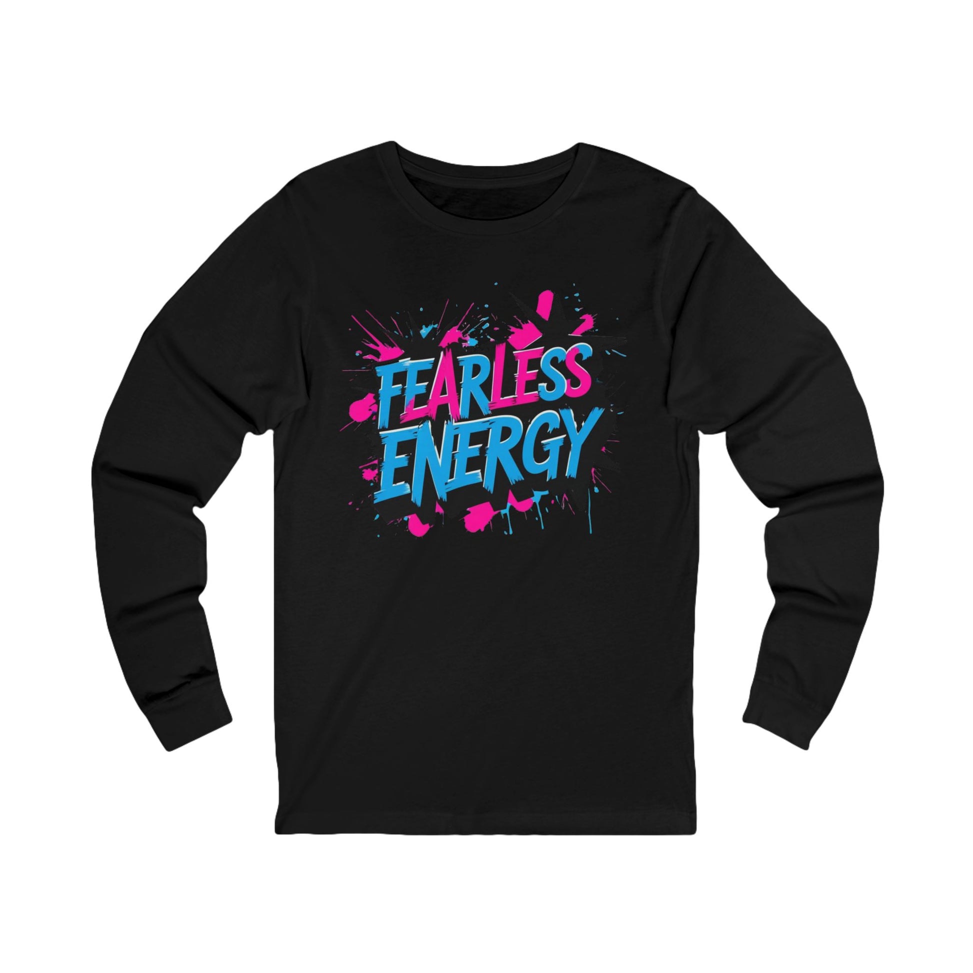 Black long-sleeve shirt with 'Fearless Energy' text in colorful design on a white background