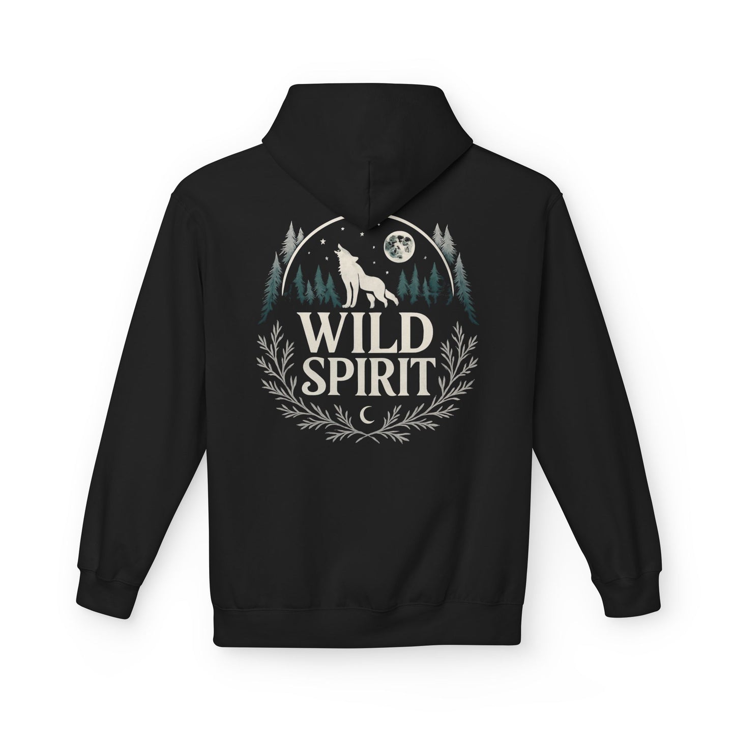 Black hoodie with 'Wild Spirit' design on the back against a white background