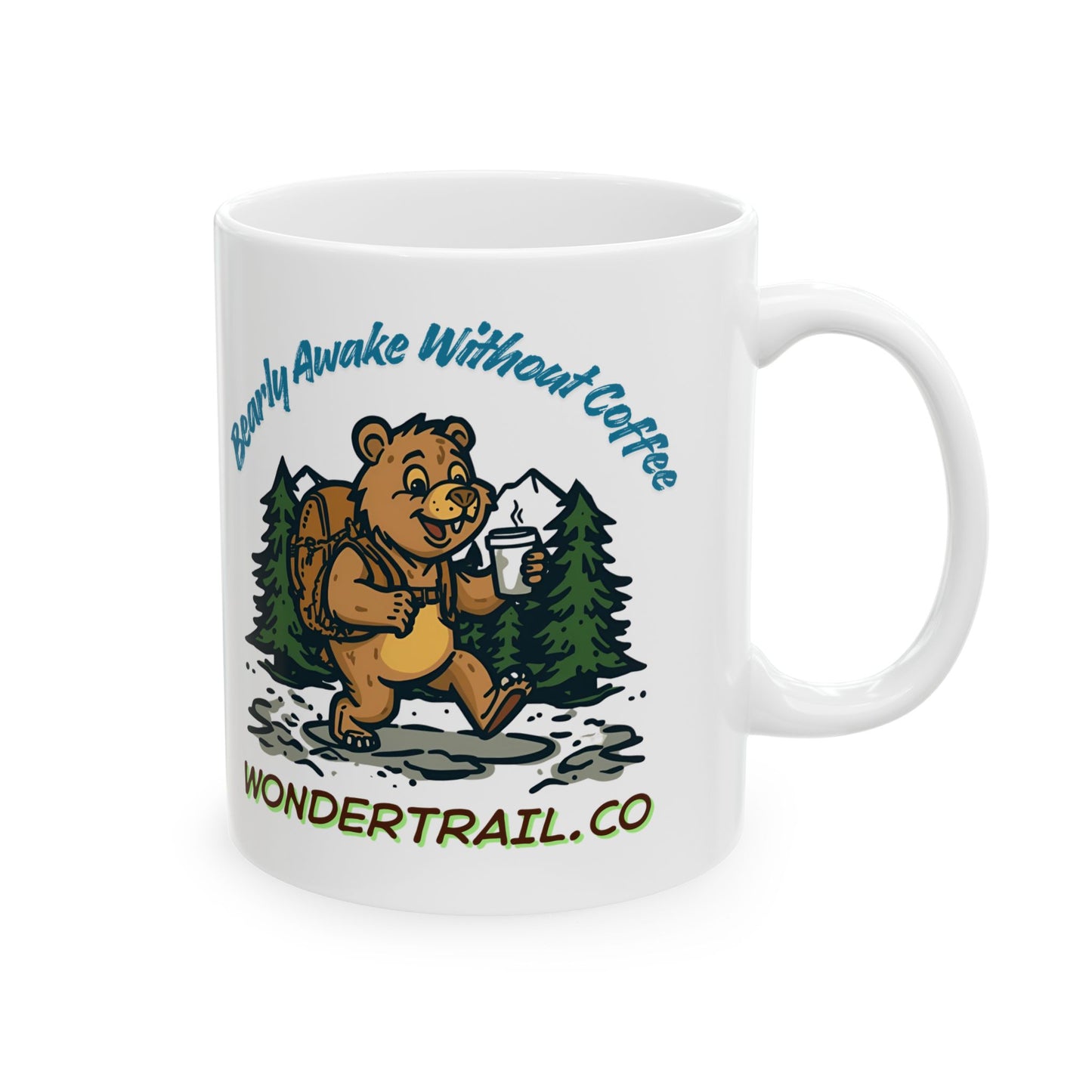 White mug with a bear graphic and text 'Bearly Awake Without Coffee' on a white background